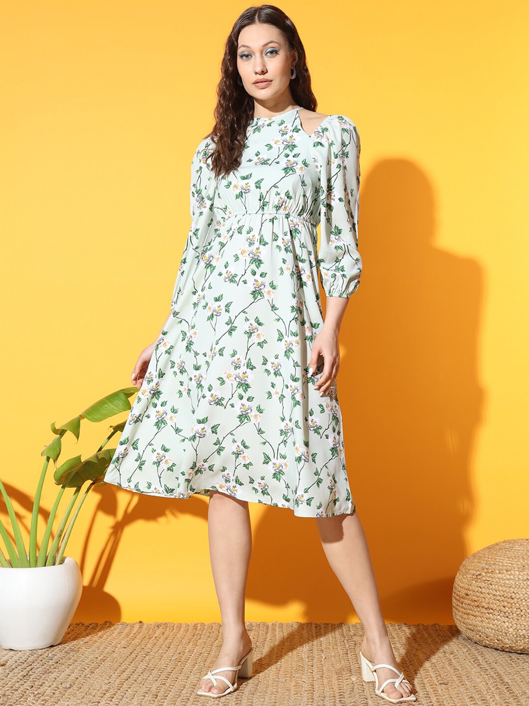 

Slenor Floral Print Cuffed Sleeves Crepe A-Line Midi Dress, Green