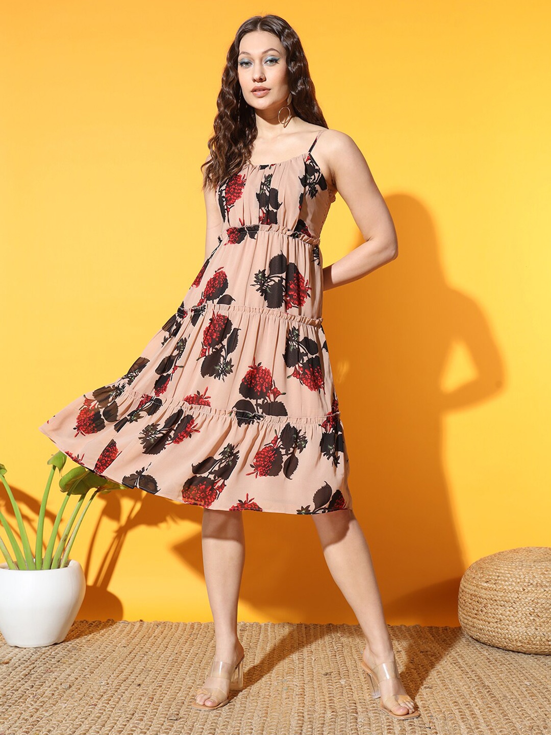 

Slenor Floral Print Shoulder Strap Georgette Fit & Flare Dress, Peach