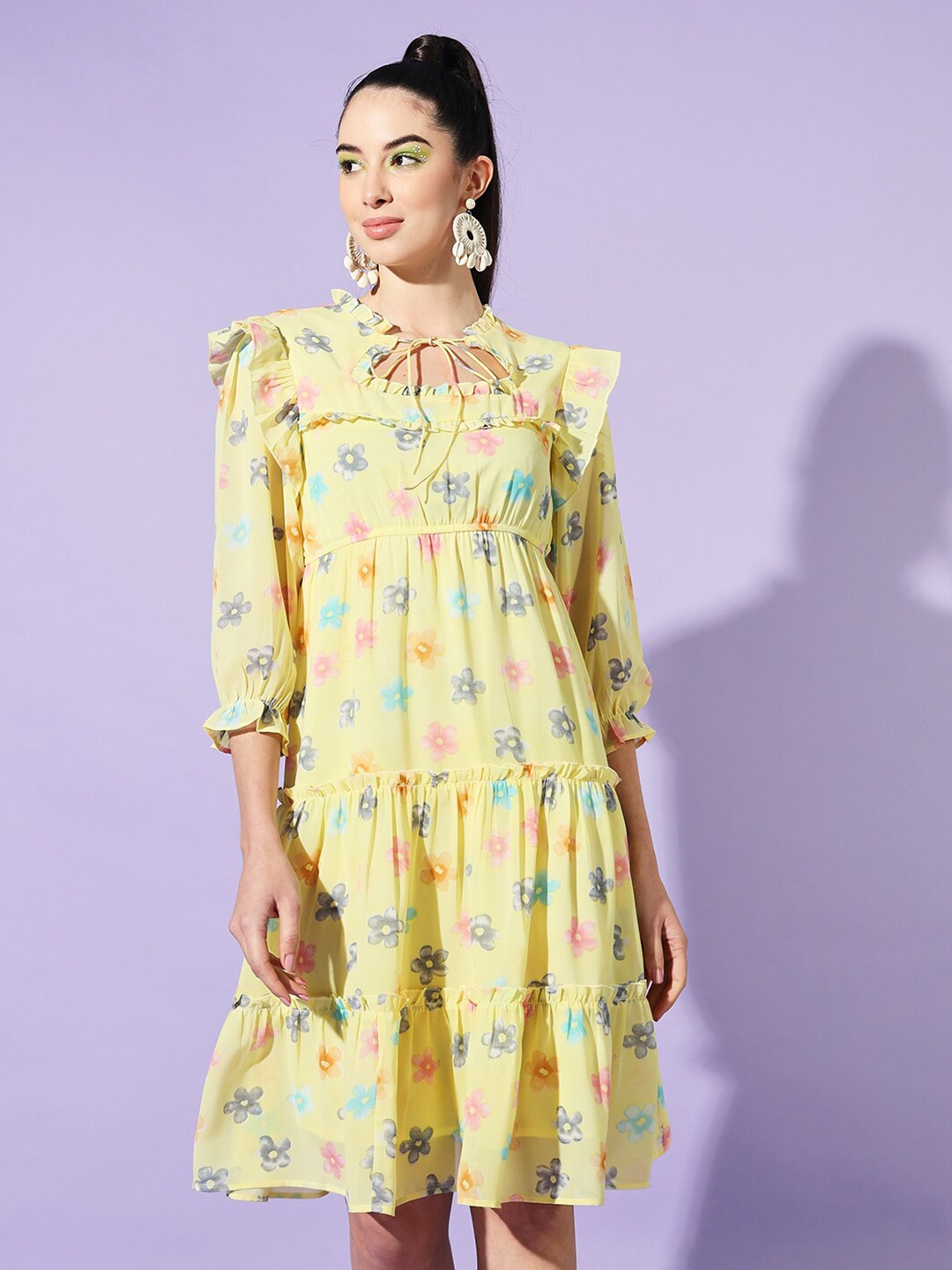 

Slenor Floral Print Tie-Up Neck Georgette A-Line Dress, Yellow