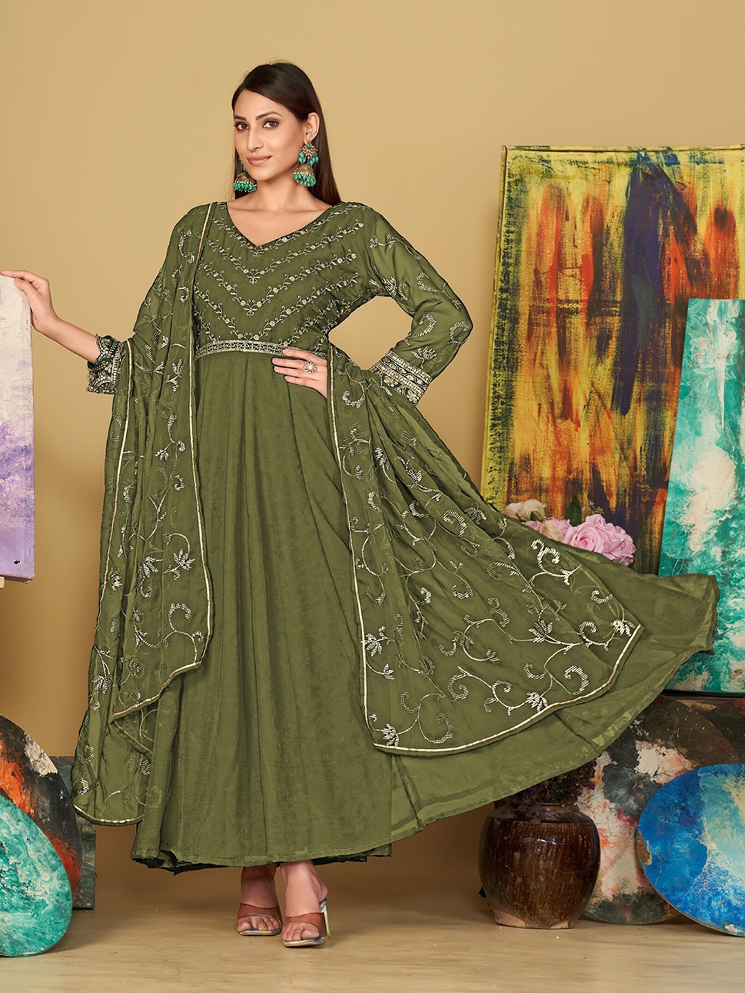 

Warthy Ent Embroidered Semi-Stitched Dress Material, Olive