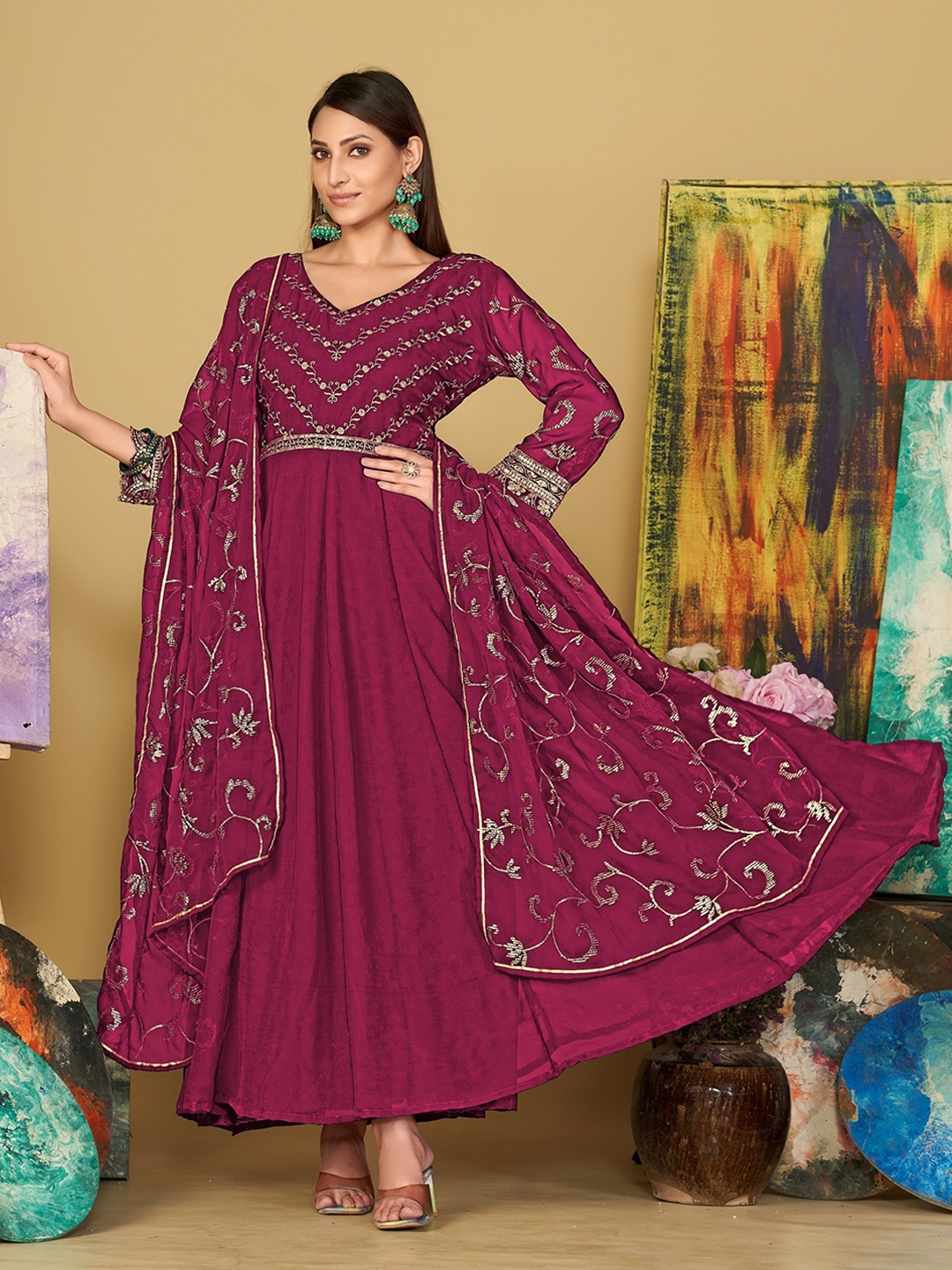 

Warthy Ent Embroidered Semi-Stitched Dress Material, Pink
