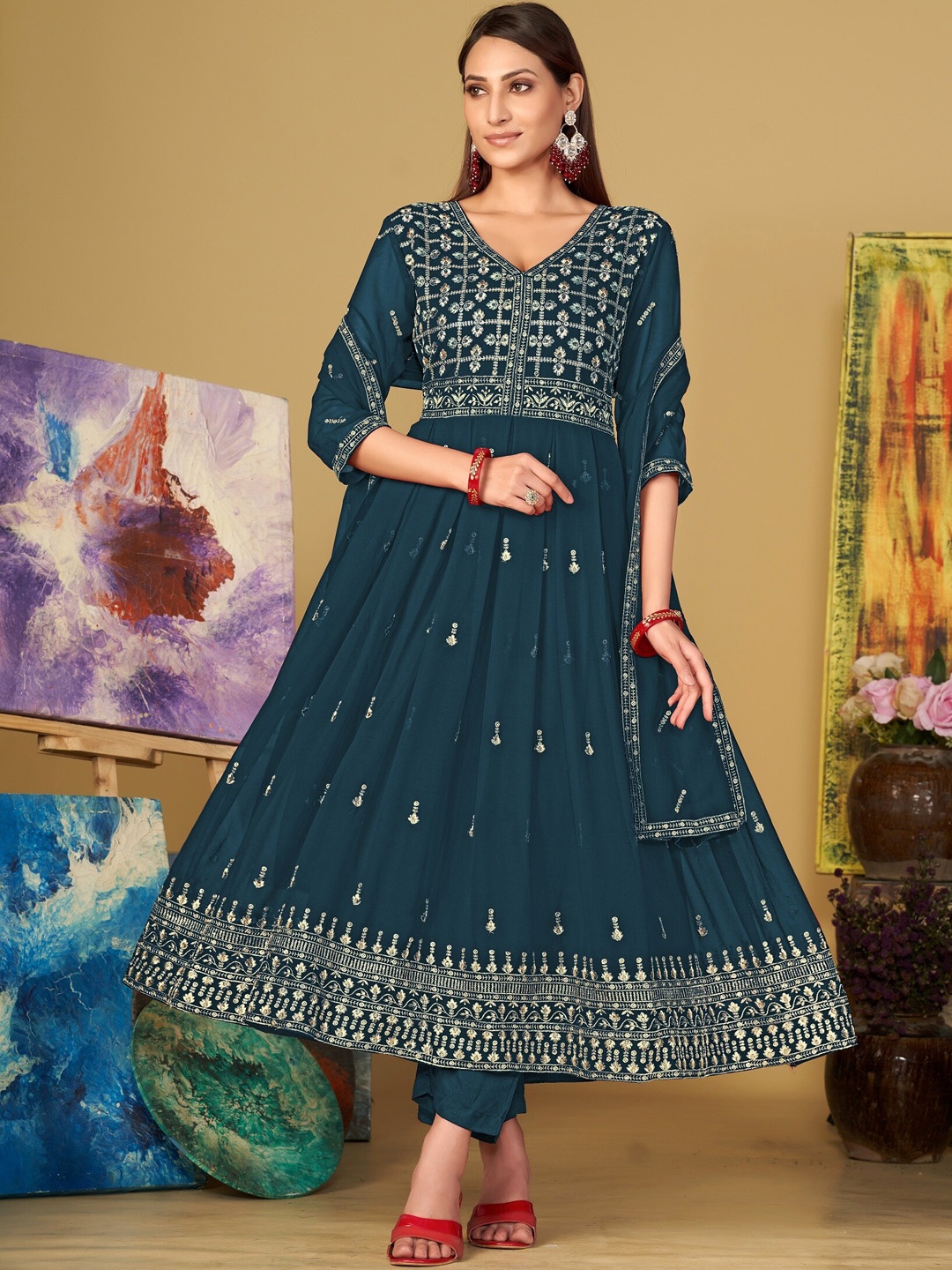 

Warthy Ent Embroidered Semi-Stitched Dress Material, Green