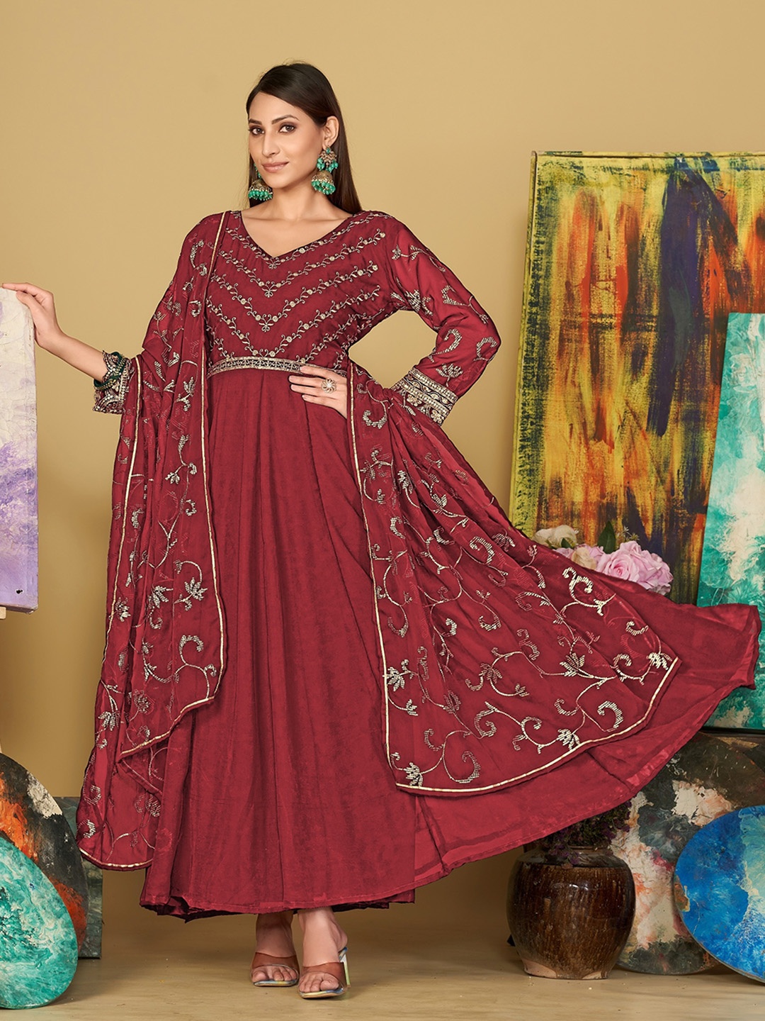 

Warthy Ent Floral Sequin Embroidered Maxi Ethnic Dress With Dupatta, Maroon