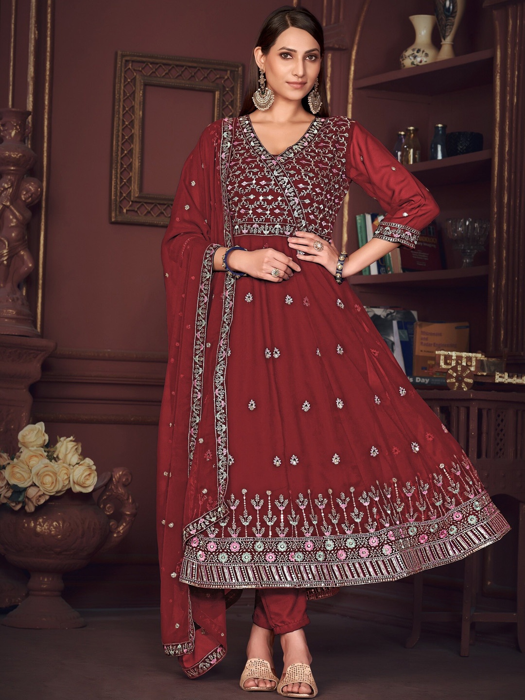 

Warthy Ent Embroidered Semi-Stitched Dress Material, Maroon