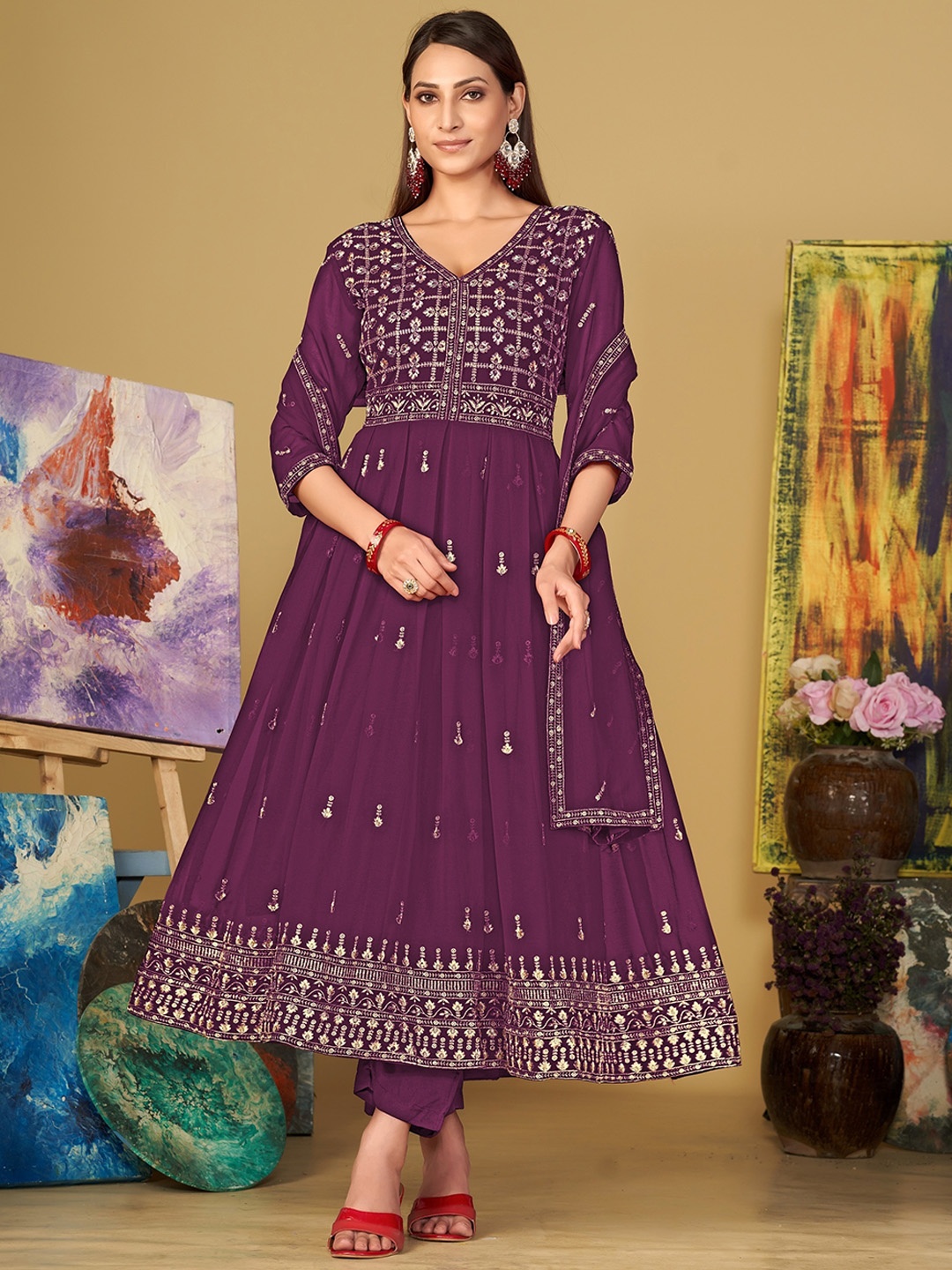 

Warthy Ent Ethnic Motifs Embroidered Georgette Anarkali Kurta, Purple