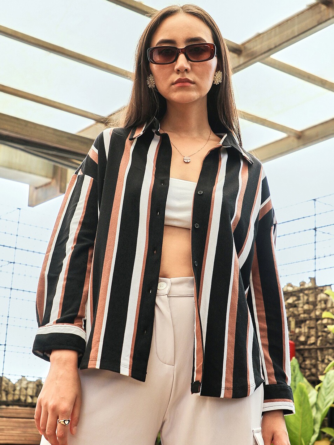 

PINACOLADA New Striped Spread Collar Cotton Casual Shirt, Black