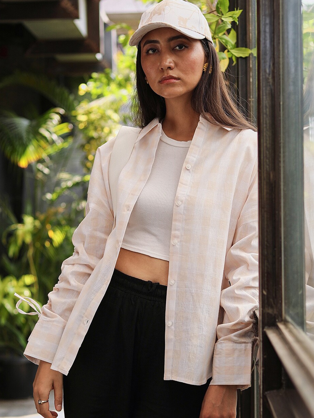 

PINACOLADA New Checked Spread Collar Cotton Casual Shirt, Beige