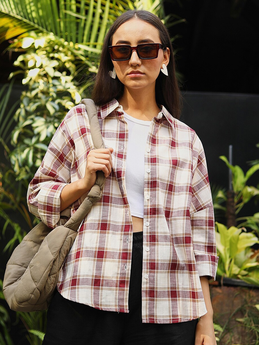 

PINACOLADA New Tartan Checked Spread Collar Cotton Casual Shirt, Brown