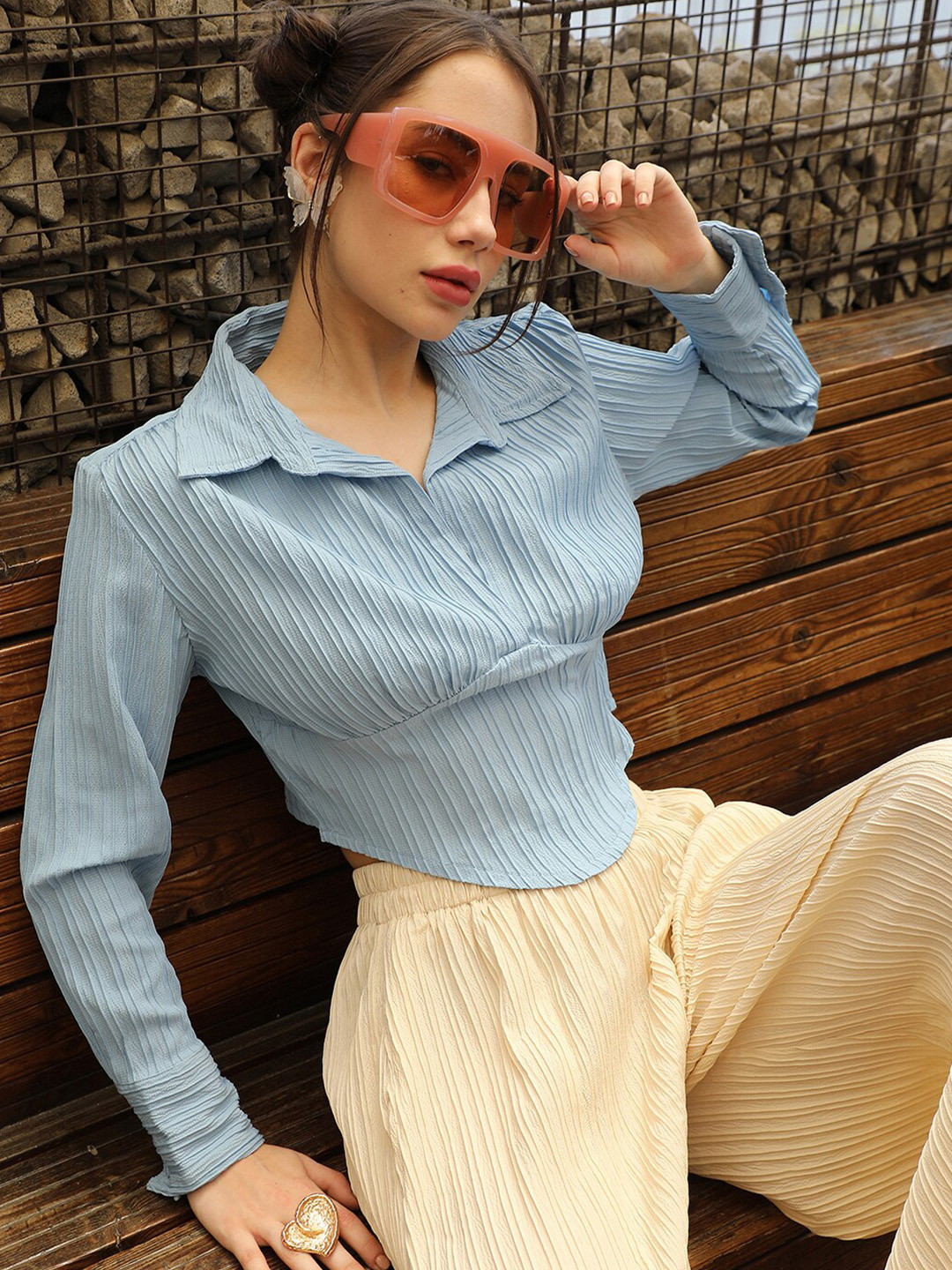 

PINACOLADA Striped Shirt Collar Long Sleeves Casual Top, Blue