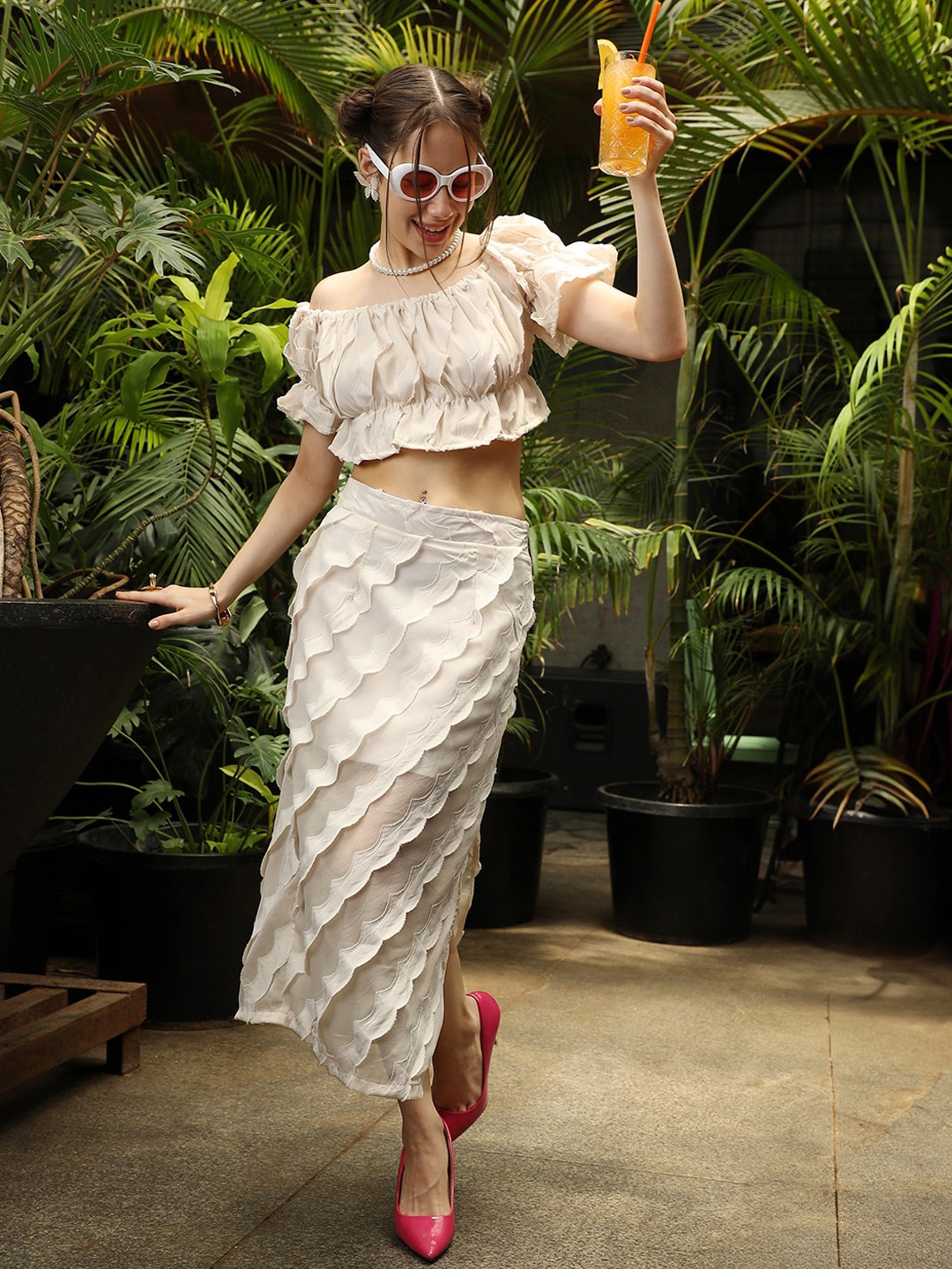 

PINACOLADA Self Design Top With Skirt Co-Ords, White