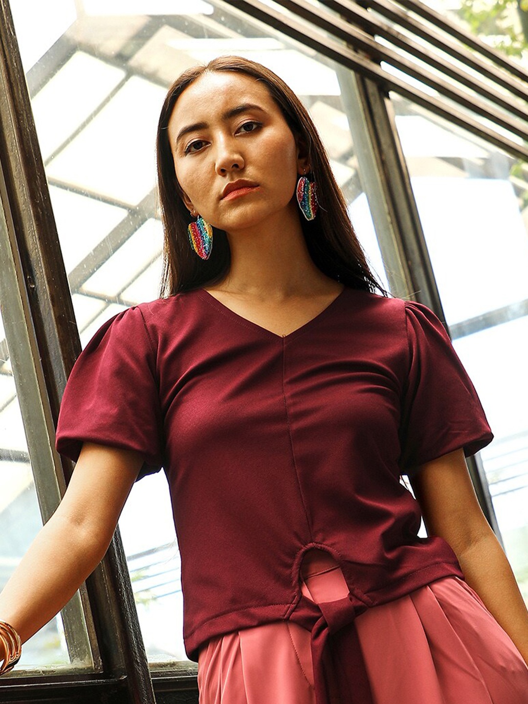 

PINACOLADA V-Neck Puff Sleeves Casual Top, Maroon