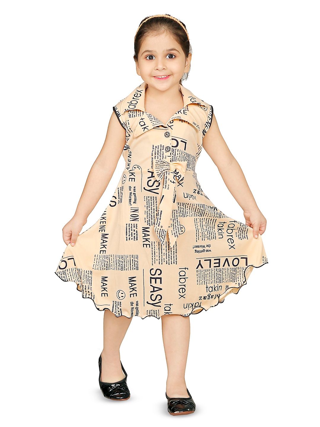 

BAESD Girls Typography Printed Shirt Collar Fit & Flare Dress, Beige