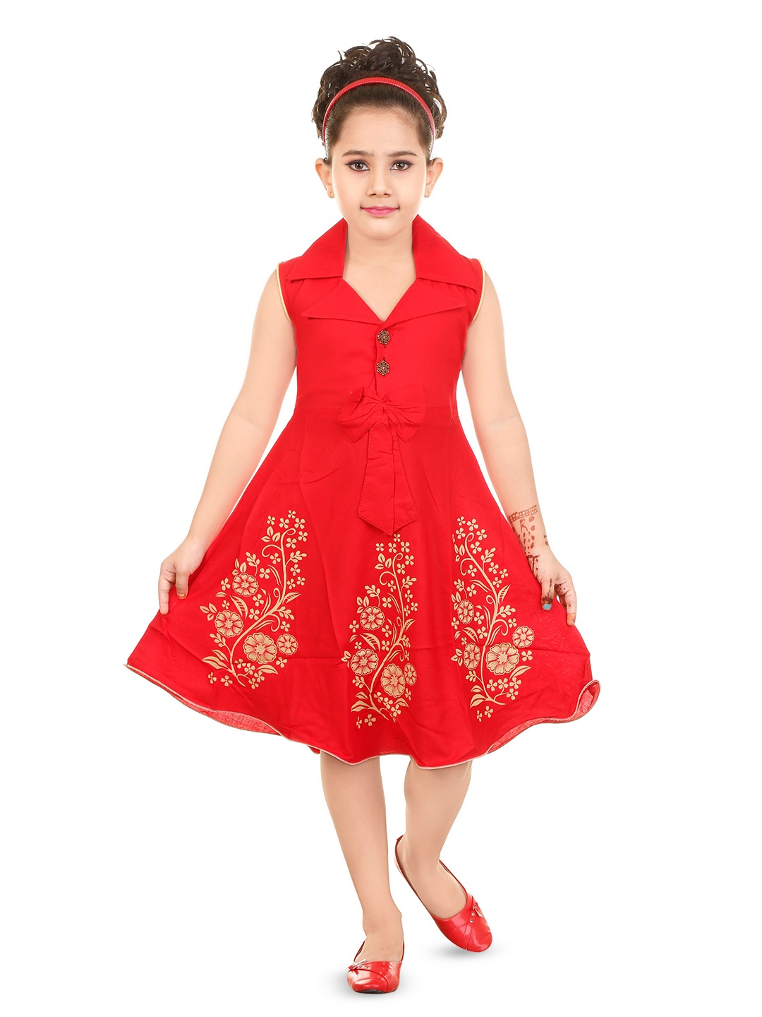

BAESD Girls Floral Printed Shirt Collar Fit & Flare Dress, Red