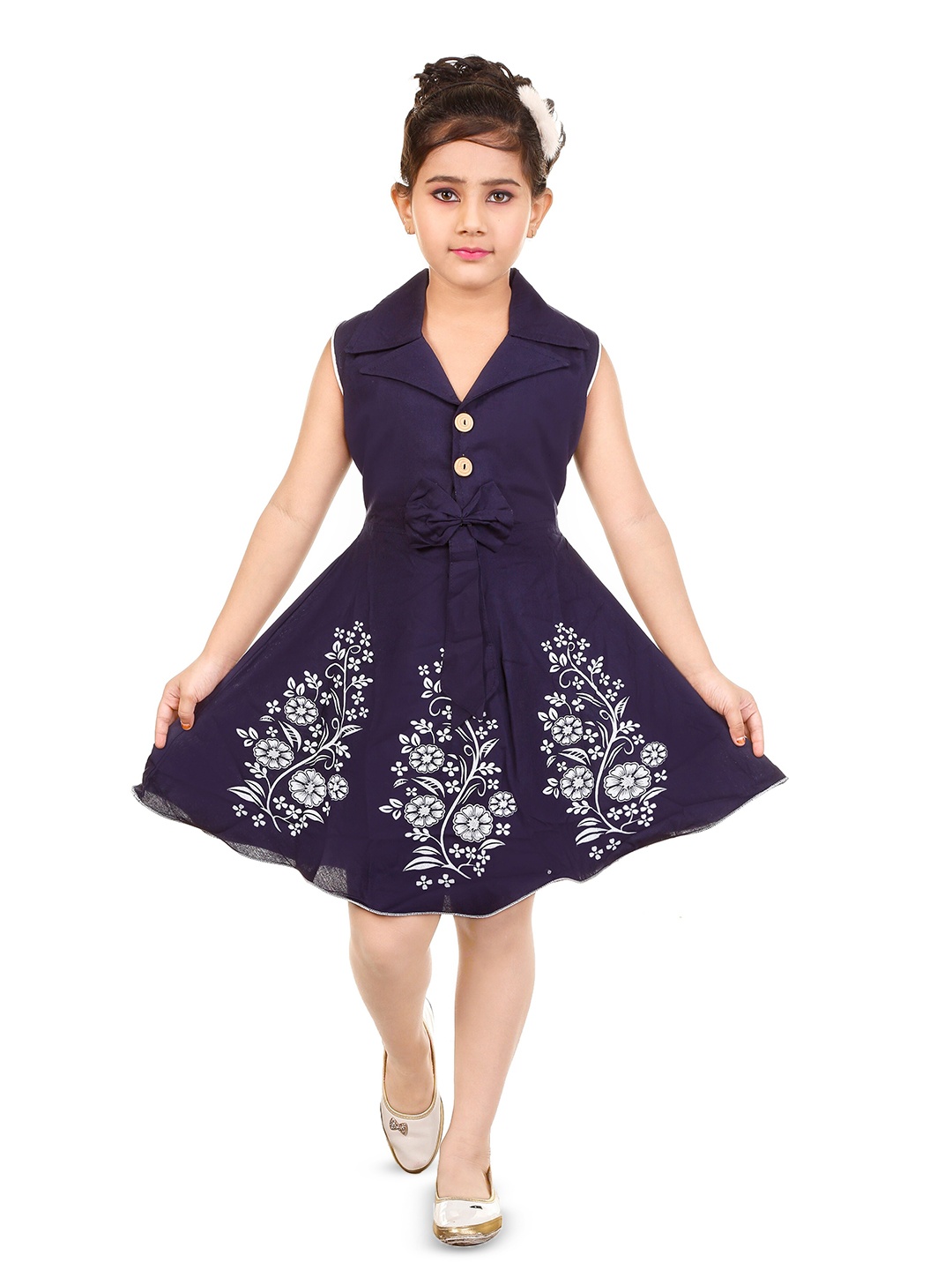 

BAESD Girls Floral Printed Shirt Collar Fit & Flare Dress, Navy blue