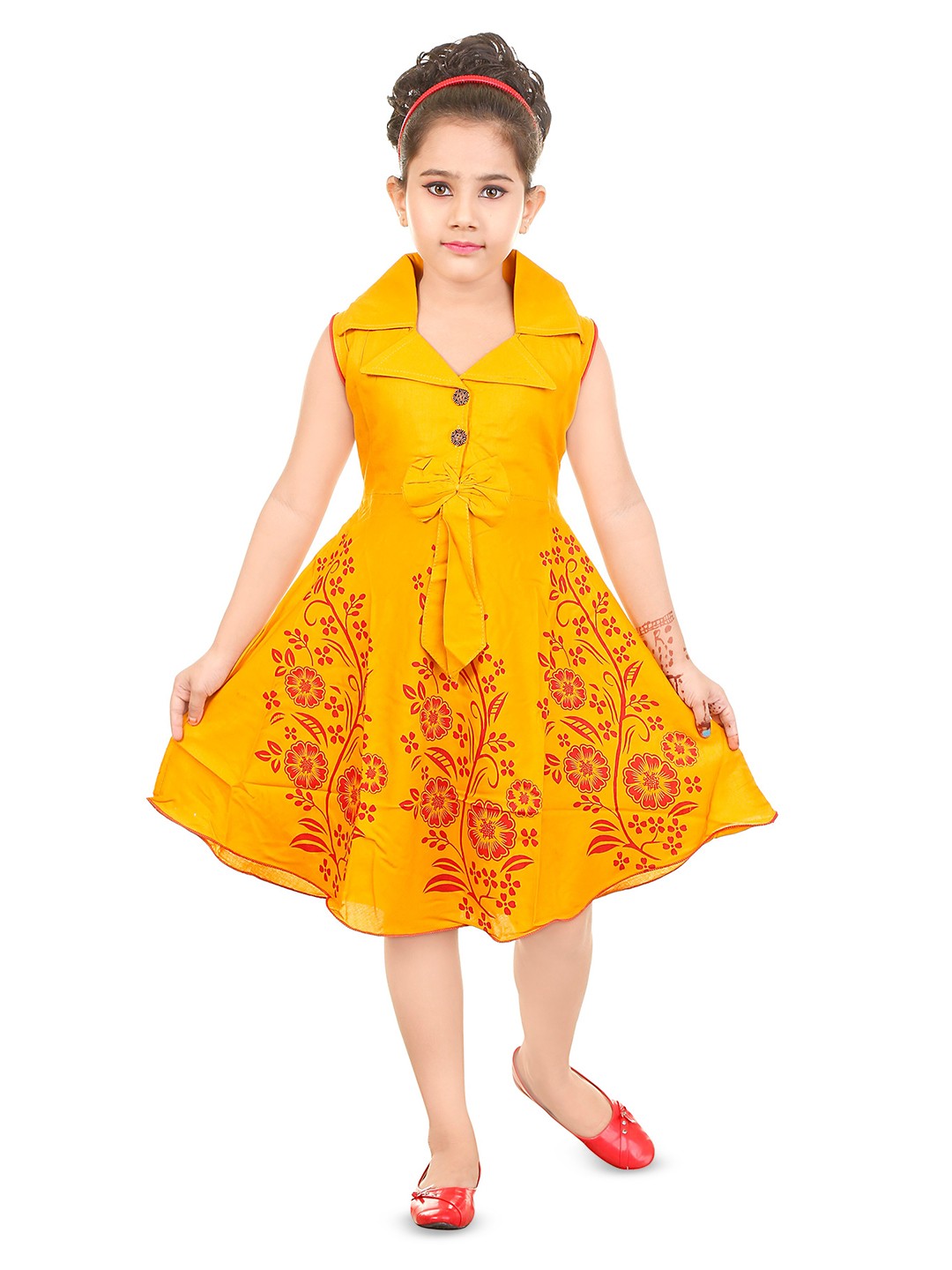 

BAESD Girls Floral Printed Shirt Collar Fit & Flare Dress, Yellow