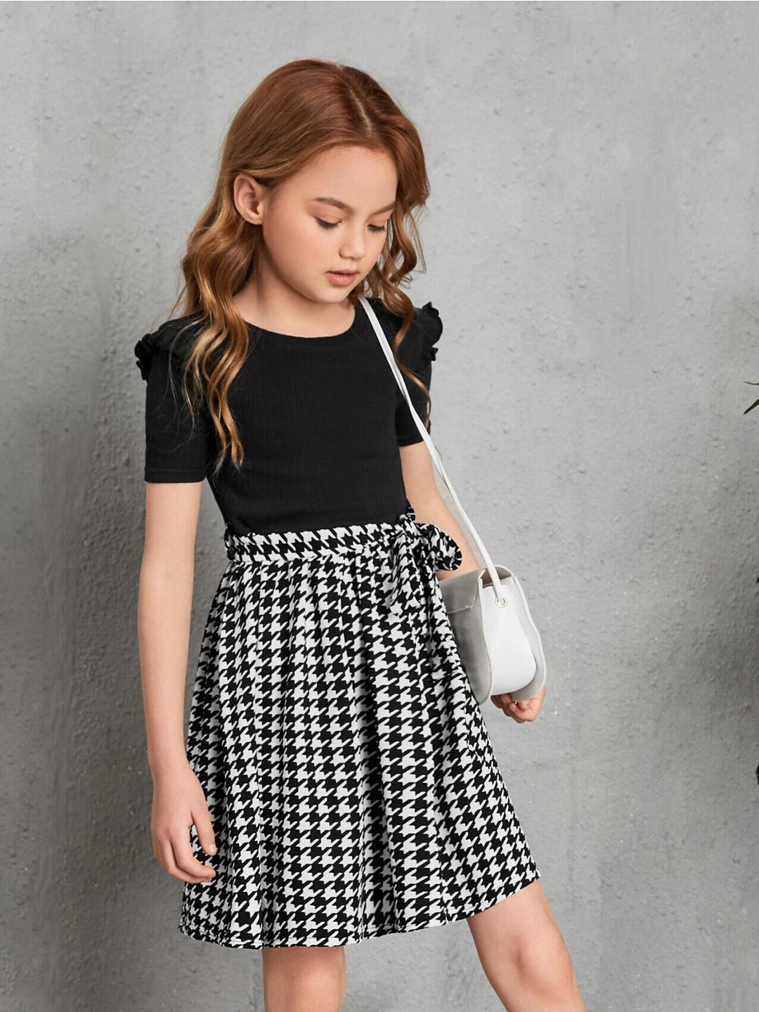 

BAESD Girls Geometric Printed Puff Sleeves Gathered Detailed Fit & Flare Dress With Belt, Black