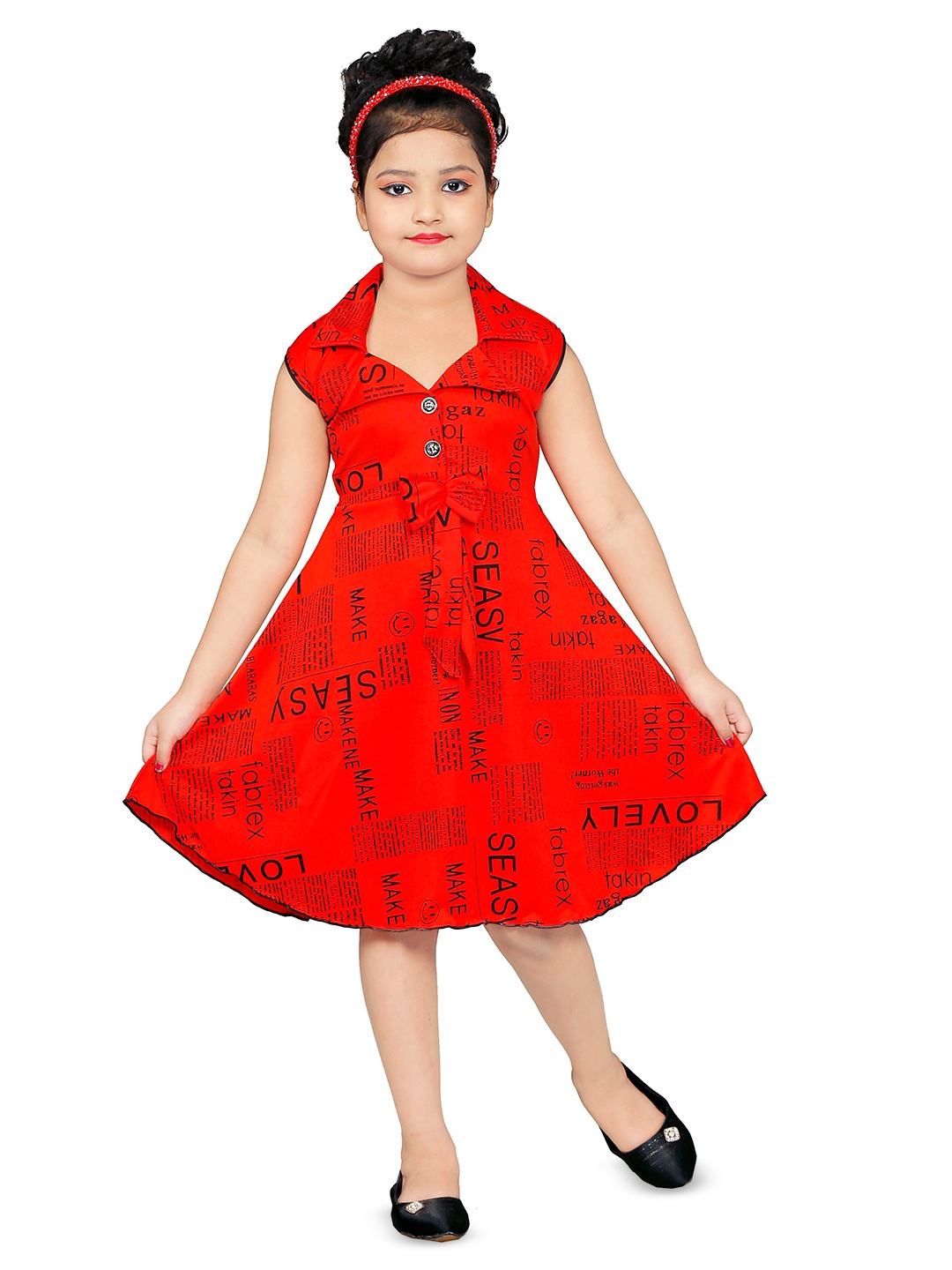 

BAESD Girls Typography Printed Shirt Collar Fit & Flare Dress, Red