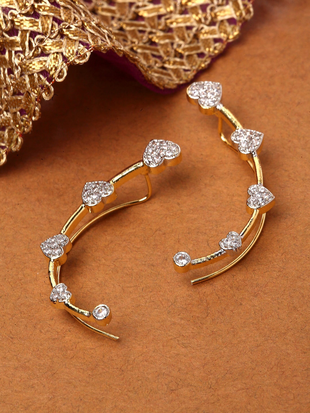 

ZENEME Gold-Plated Cubic Zirconia Studded Embellished Heart Shaped Ear Cuffs Earrings