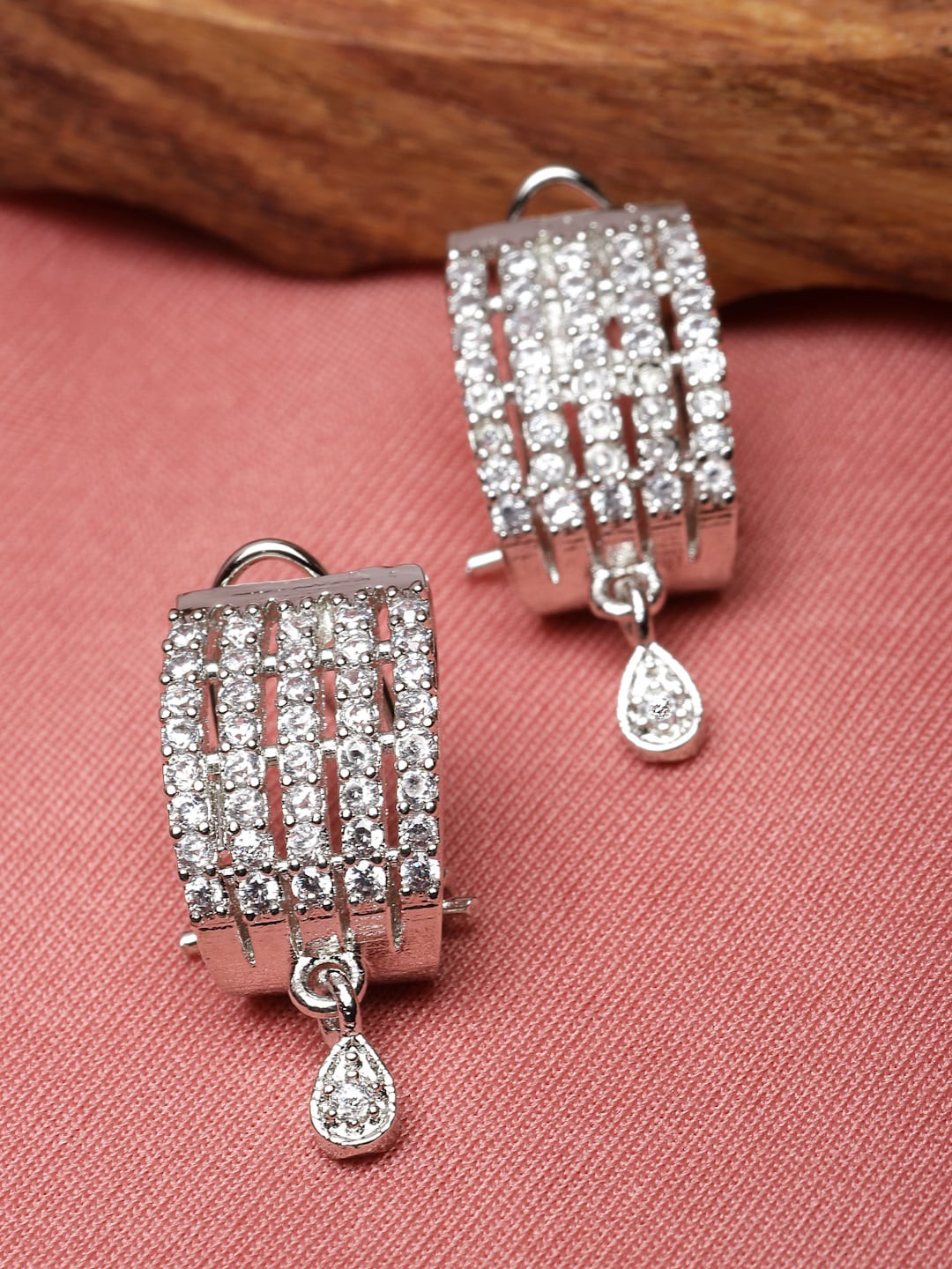 

ZENEME Rhodium-Plated American Diamond Studded Teardrop Shaped Drop Earrings, Silver