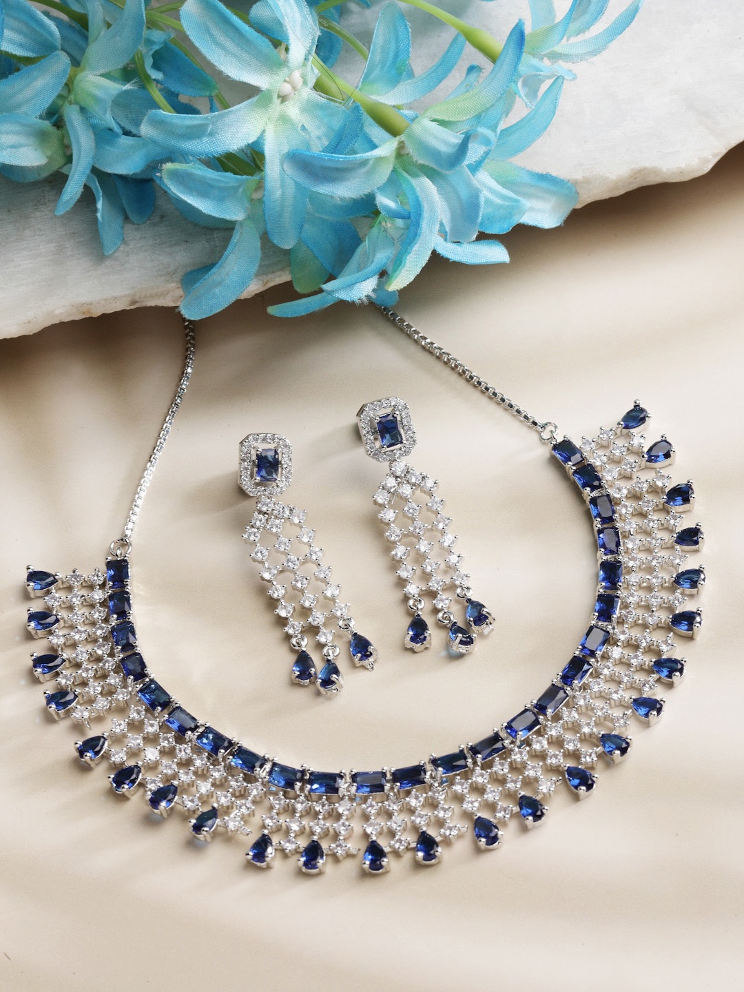 

ZENEME Rhodium-Plated AD Studded Jewellery Set, Silver