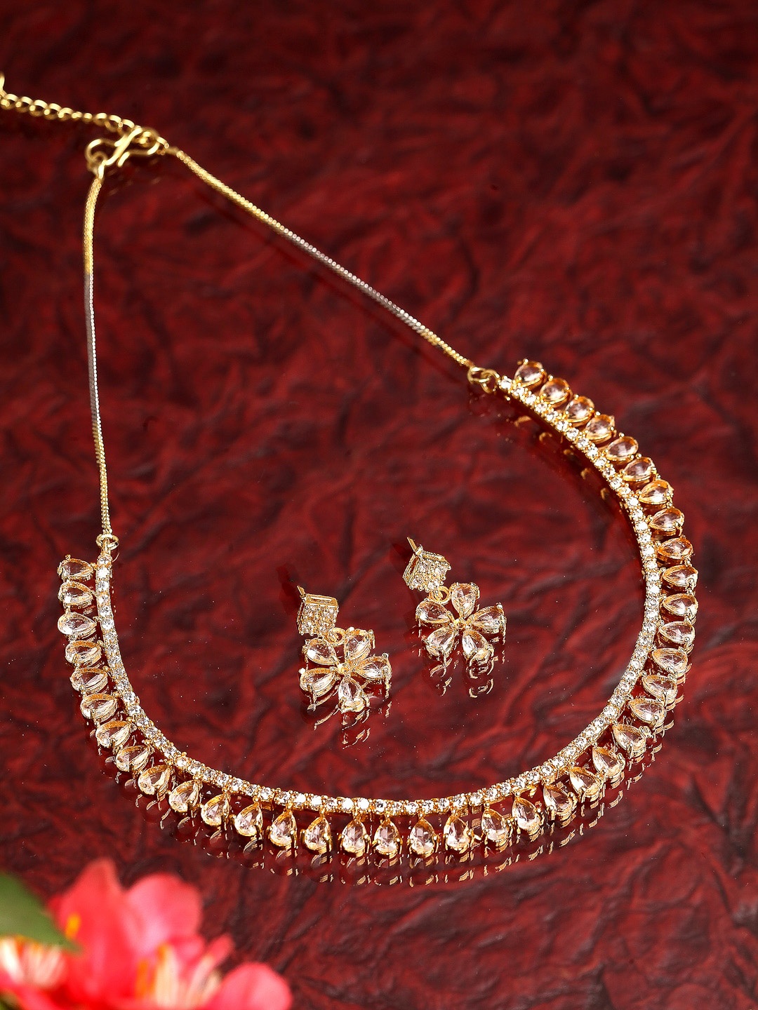 

ZENEME Gold Plated American Diamond Studded Jewellery Set