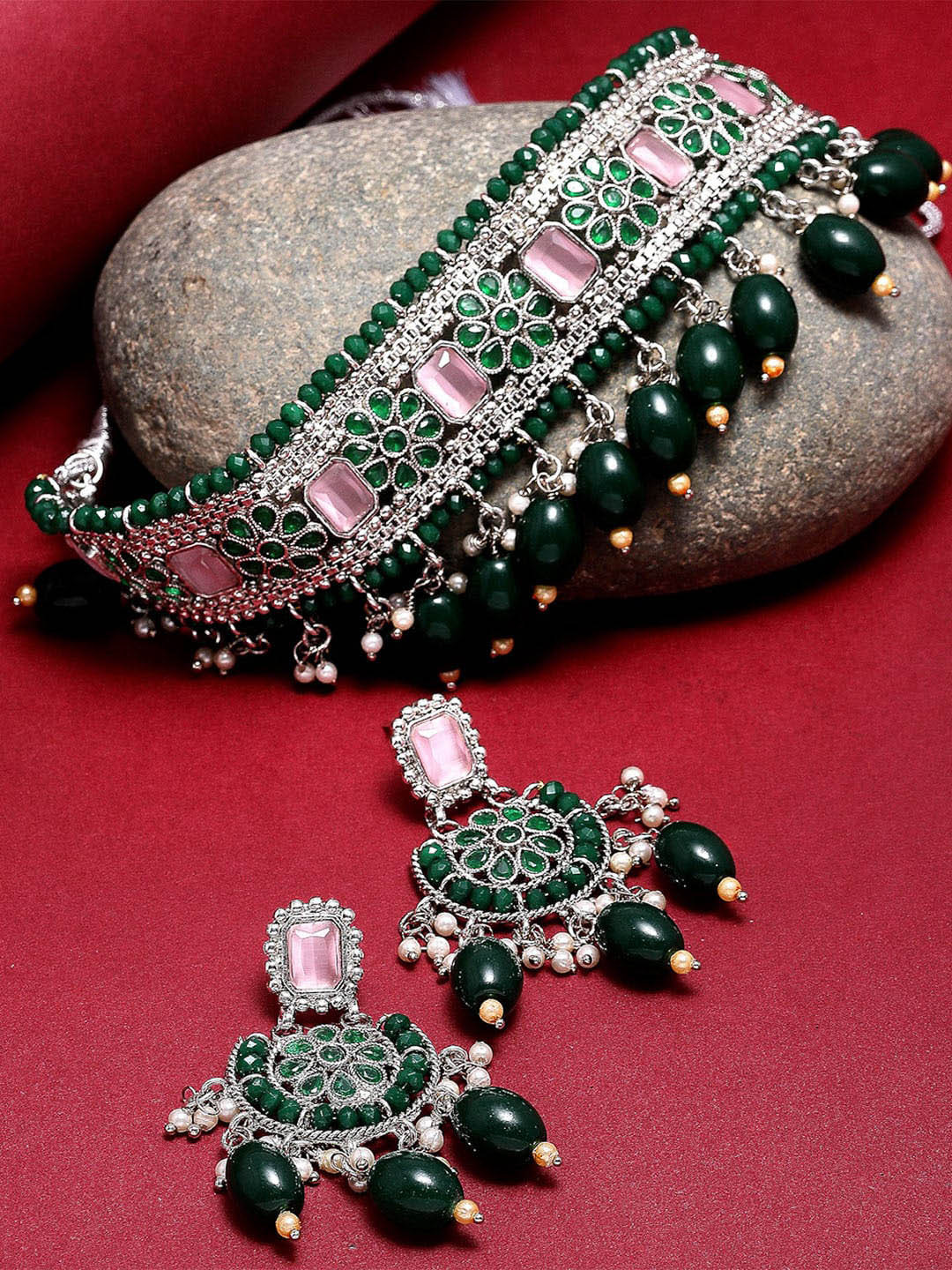 

ZENEME Silver Plated Stone Studded Traditional Jewellery Set