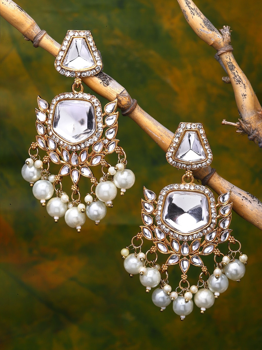 

ZENEME Gold Plated Kundan Studded Drop Earrings