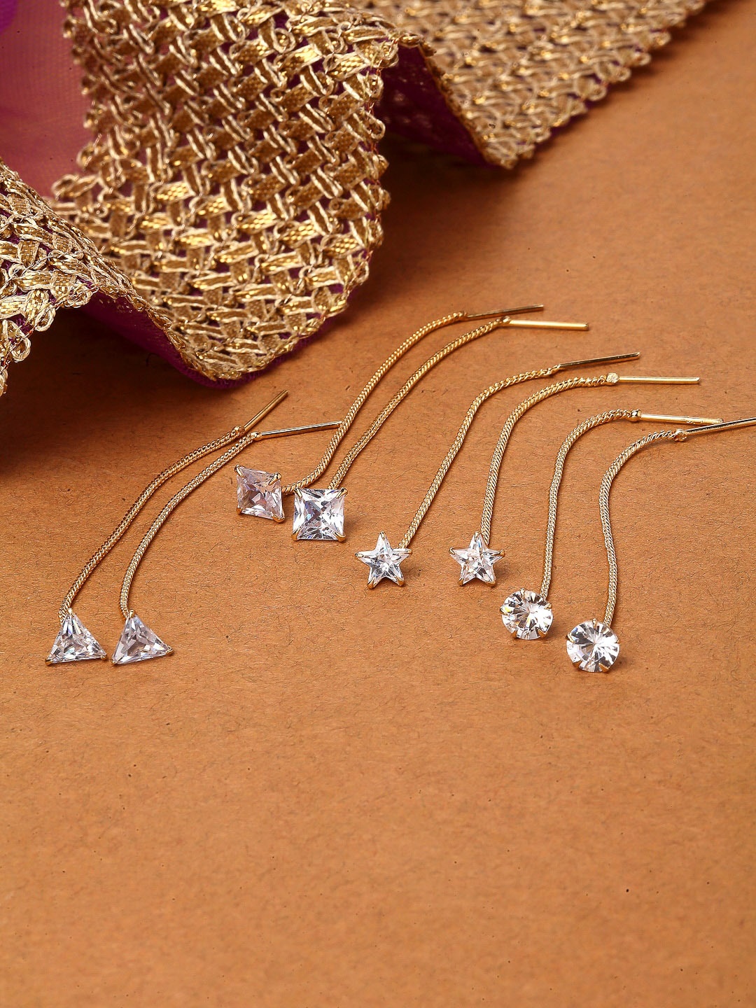 

ZENEME Set of 4 Gold-Plated Cubic Zirconia Studded Needle Drop Earrings