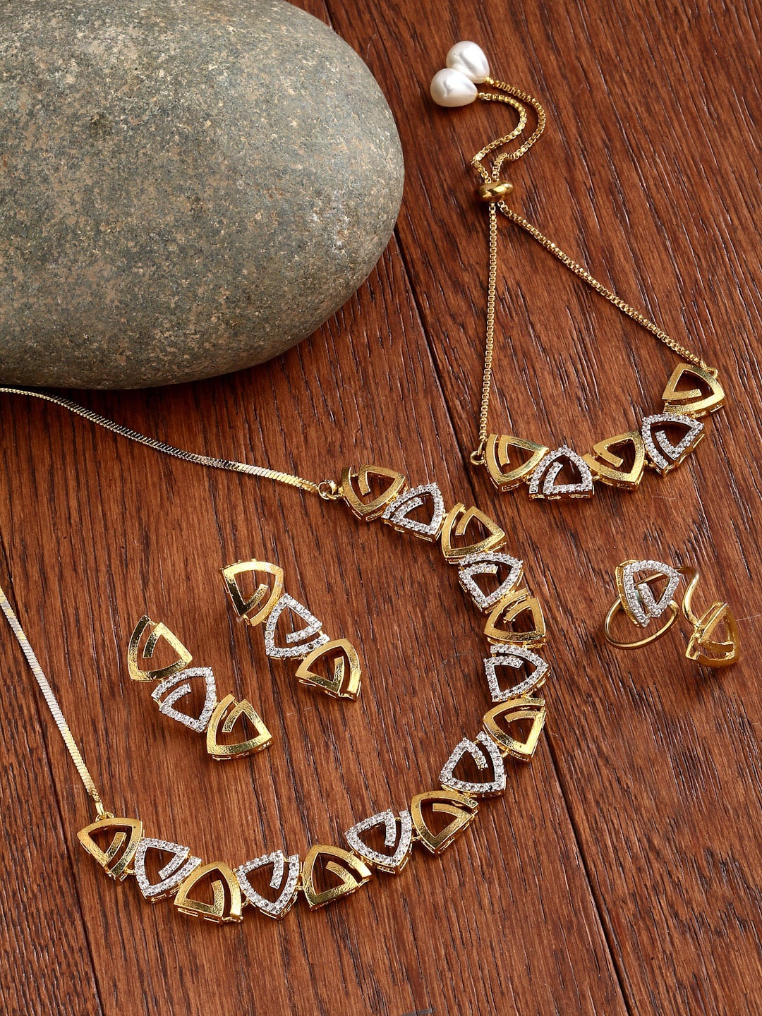

ZENEME Gold-Plated Cubic Zirconia-Studded Jewellery Set