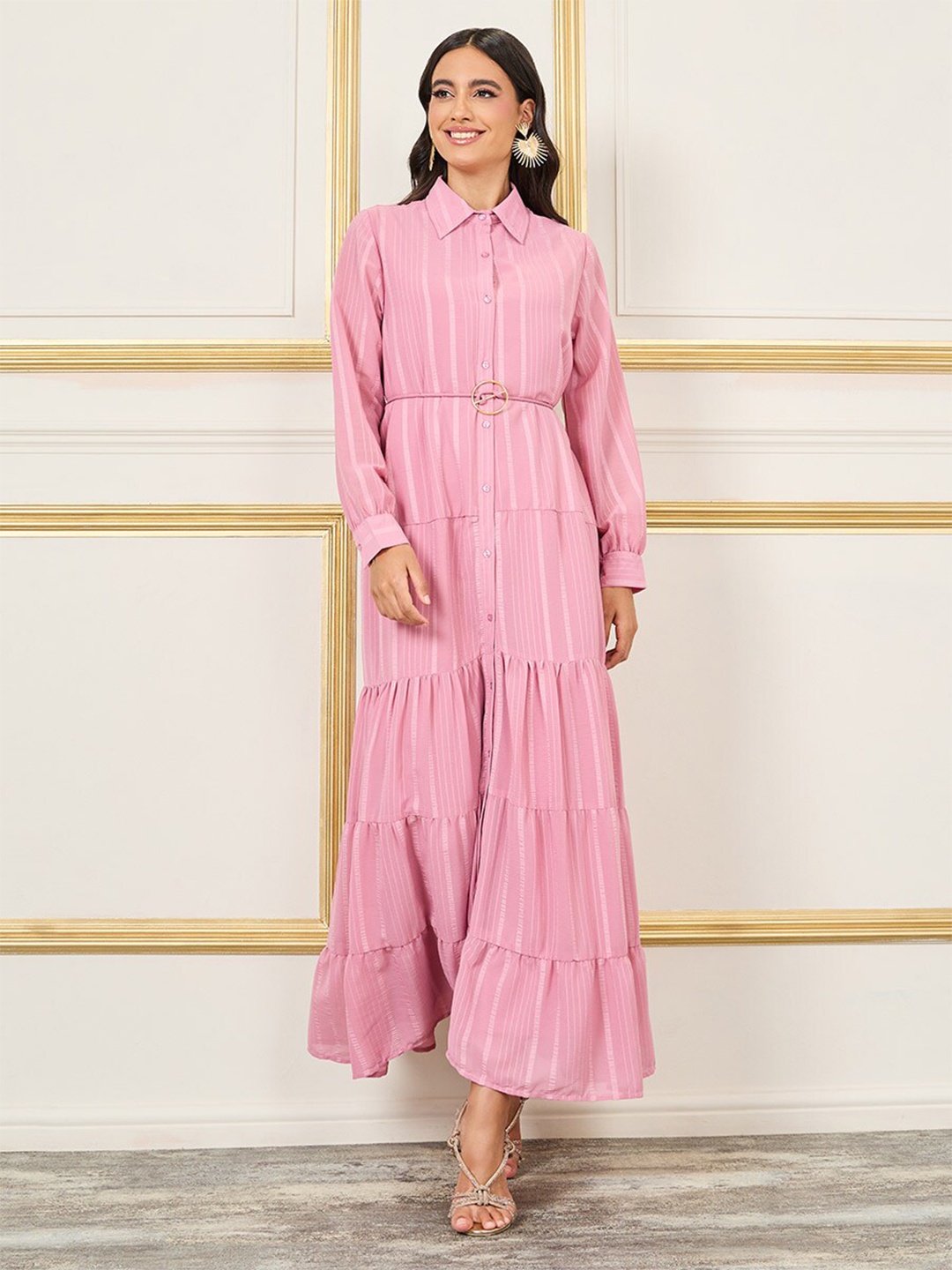 

Styli Striped Tiered Shirt Maxi Dress with Buckle Self Tie Up, Pink