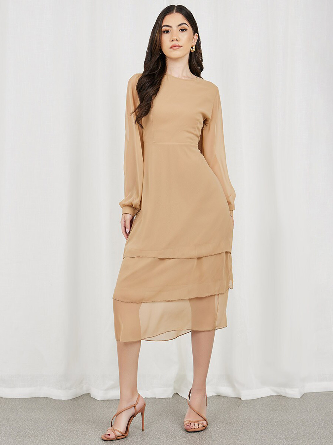 

Styli Long Sleeves Layer Tiered Midi Dress, Beige