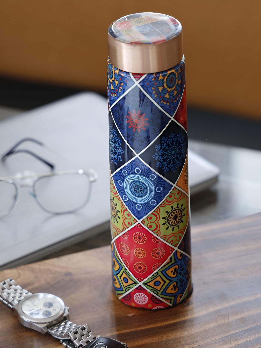 

HomeShastra Red and Blue Single Copper Printed Water Bottle 950 ml