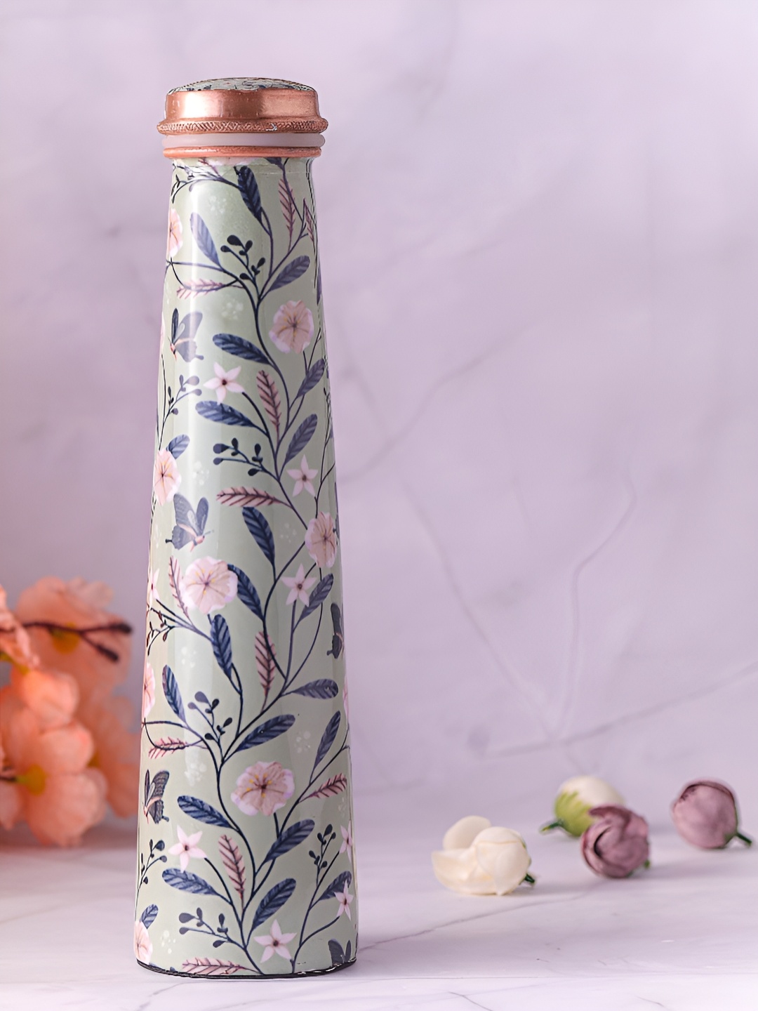 

HomeShastra Green and Blue Single Copper Floral Printed Water Bottle 950 ml