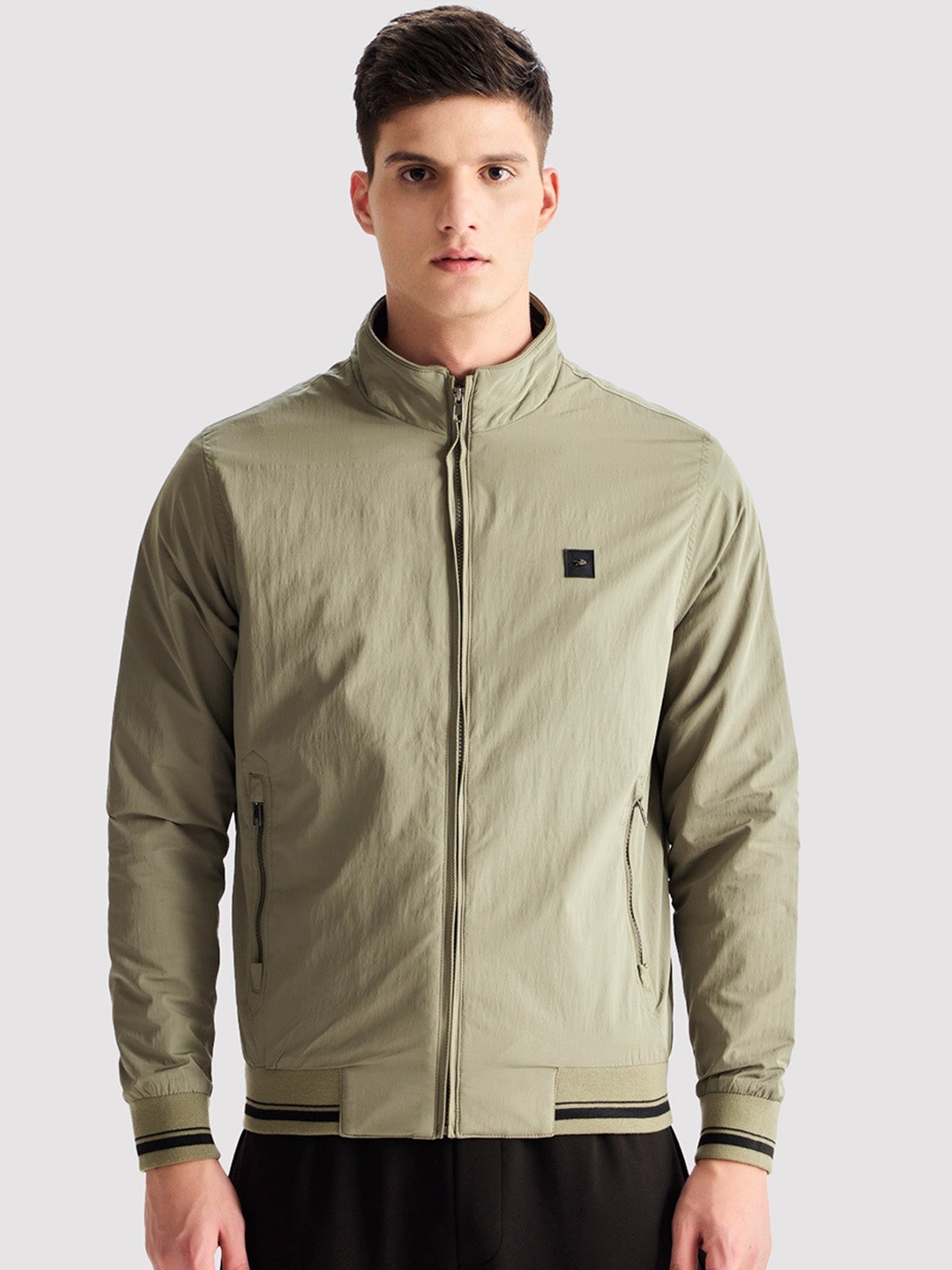 

Red Flame Stand Collar Bomber Jacket, Olive