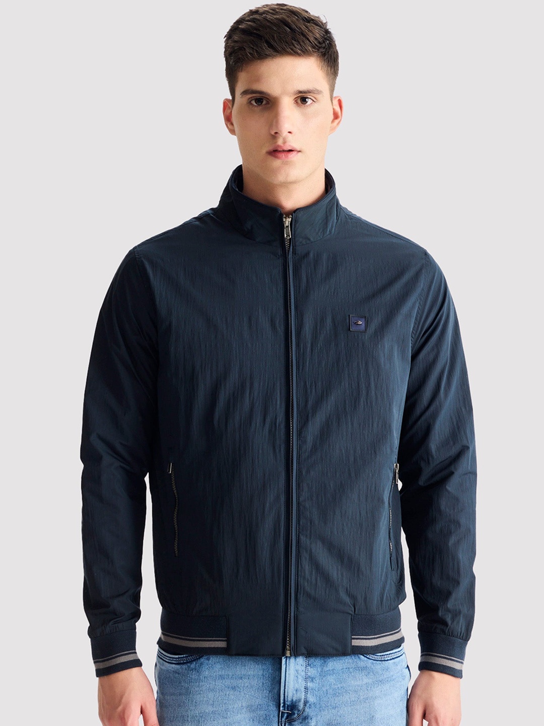 

Red Flame Mock Collar Bomber Jacket, Black