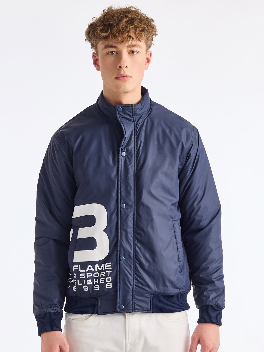 

Red Flame Typography Printed Bomber Jacket, Navy blue