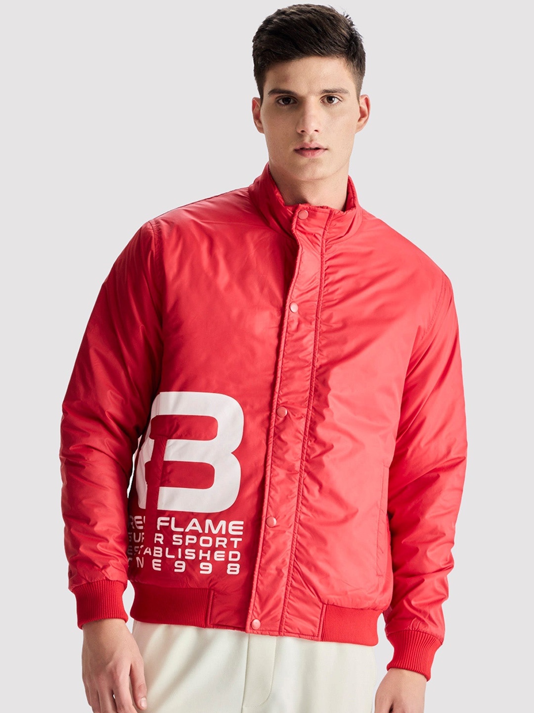 

Red Flame Typography Printed Mock Collar Long Sleeves Bomber Jacket