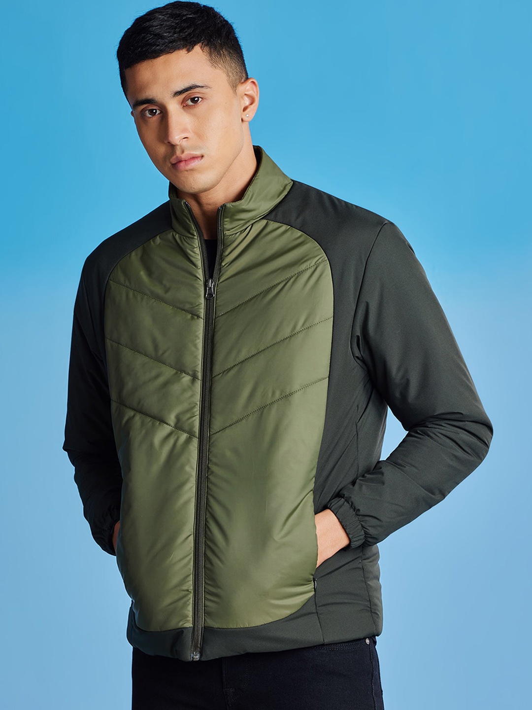 

Red Flame Colourblocked Mock Collar Padded Jacket, Olive