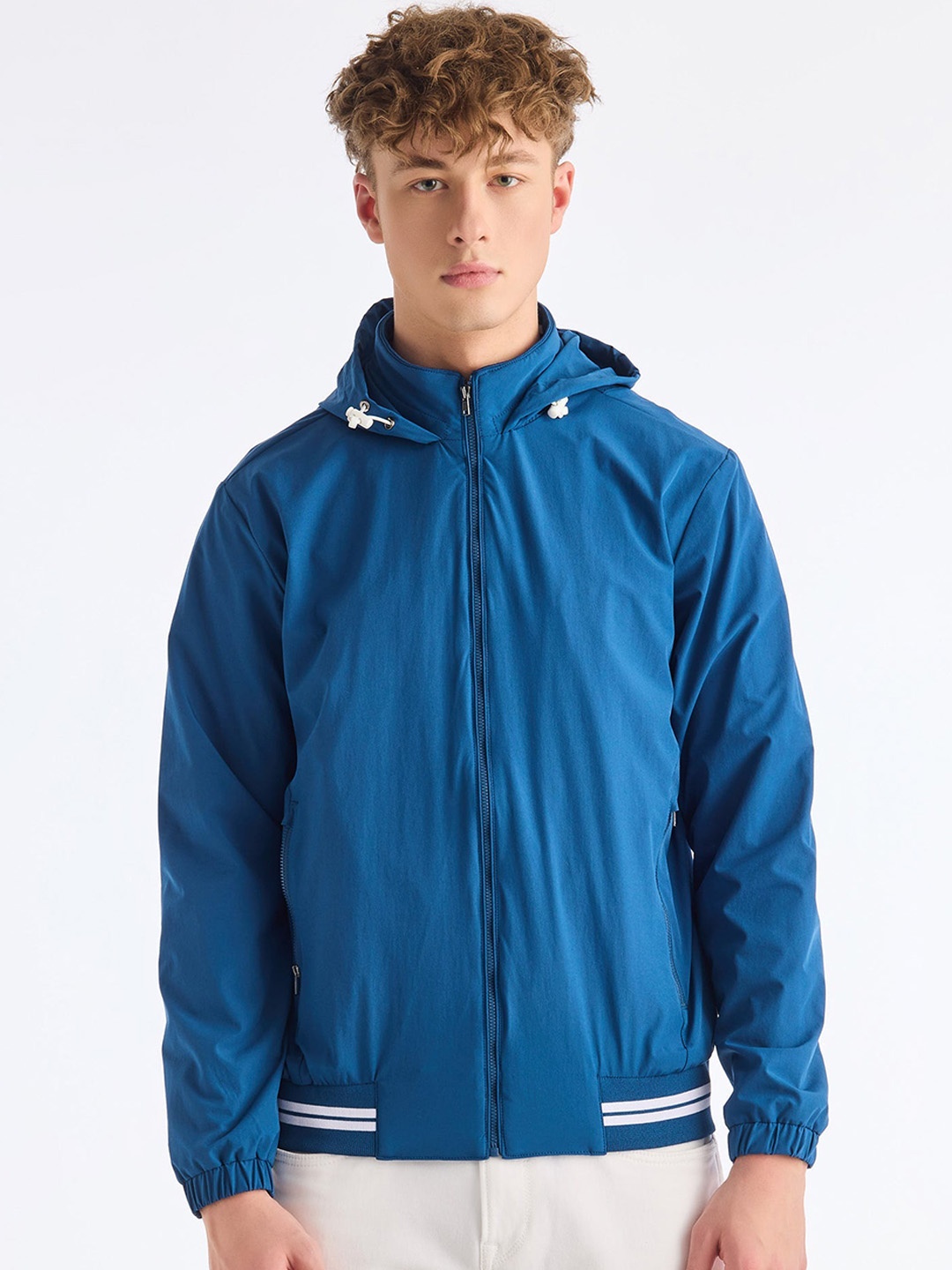 

Red Flame Hooded Bomber Jacket, Blue