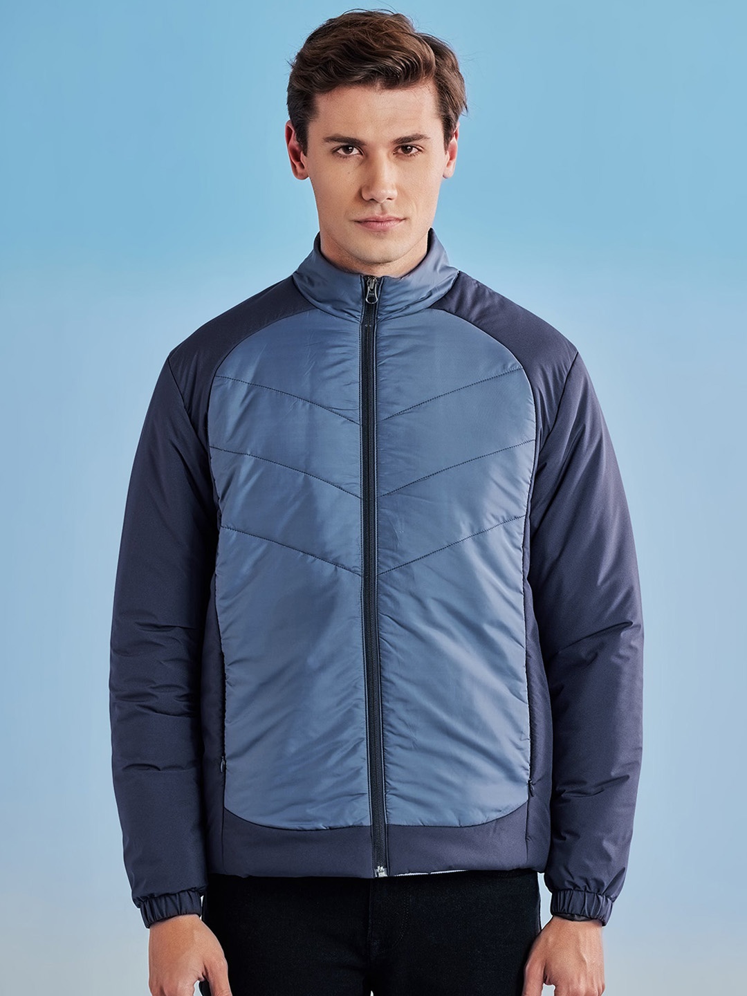 

Red Flame Mock Collar Bomber Jacket, Navy blue