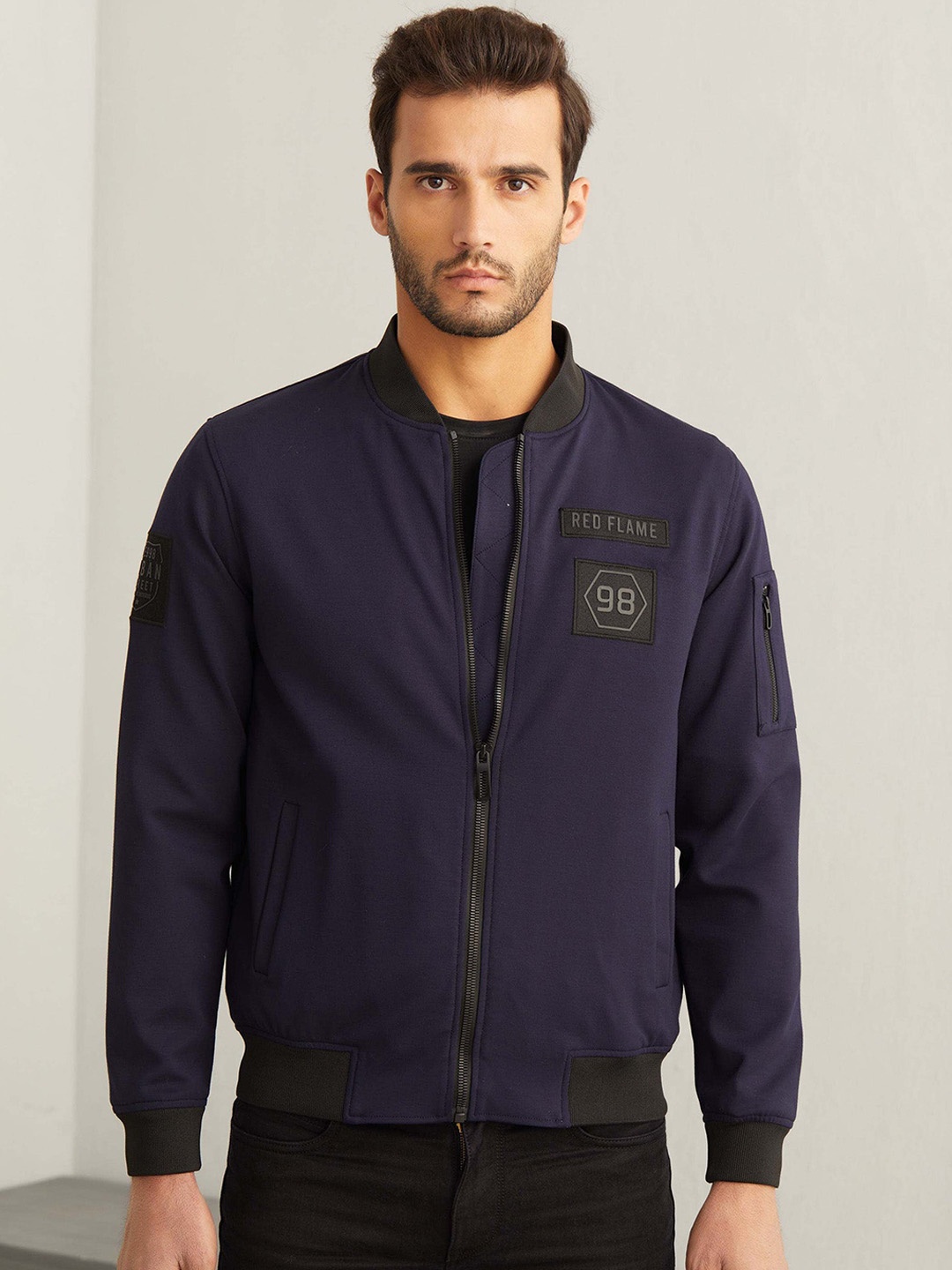 

Red Flame Stand Collar Bomber Jacket With Zip Detail, Navy blue