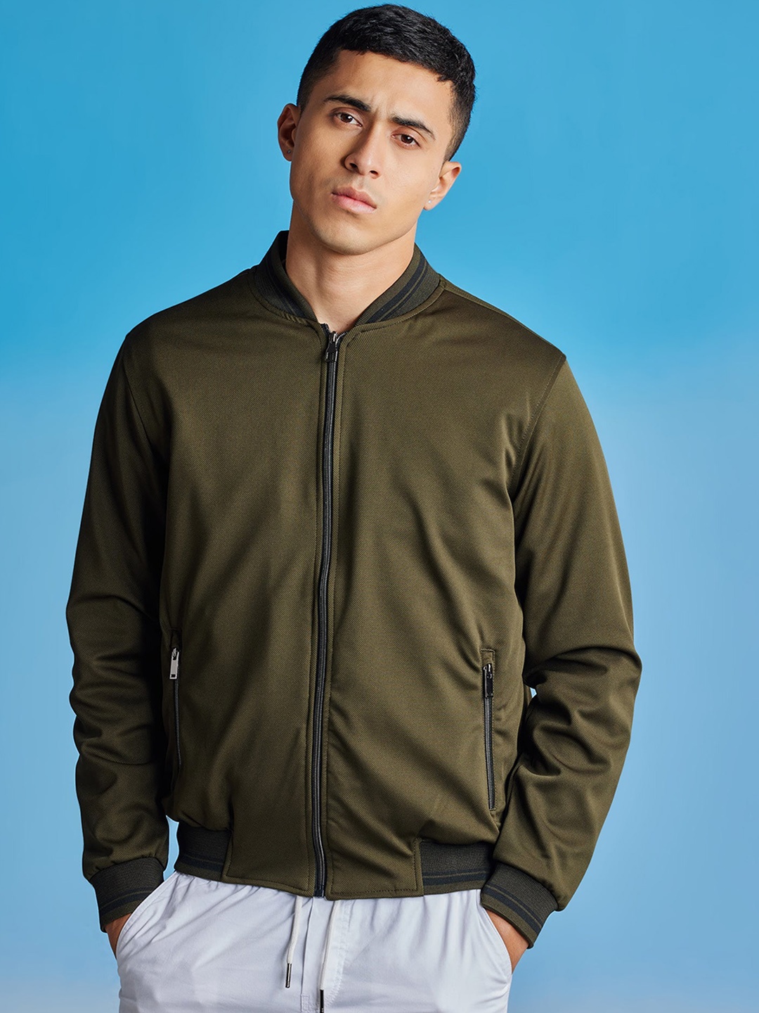

Red Flame Stand Collar Bomber Jacket, Olive