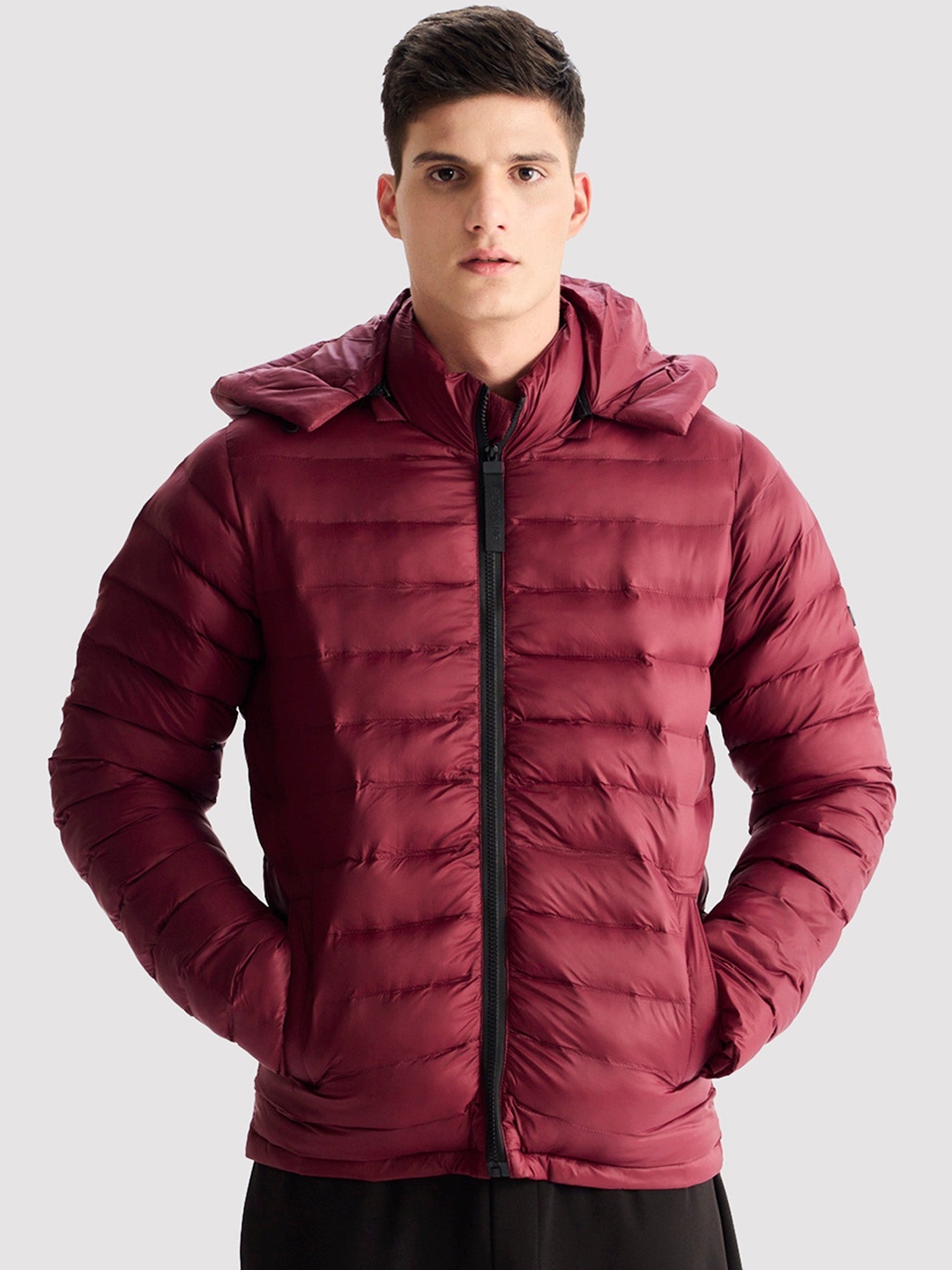 

Red Flame Hooded Long Sleeves Puffer Jacket, Maroon