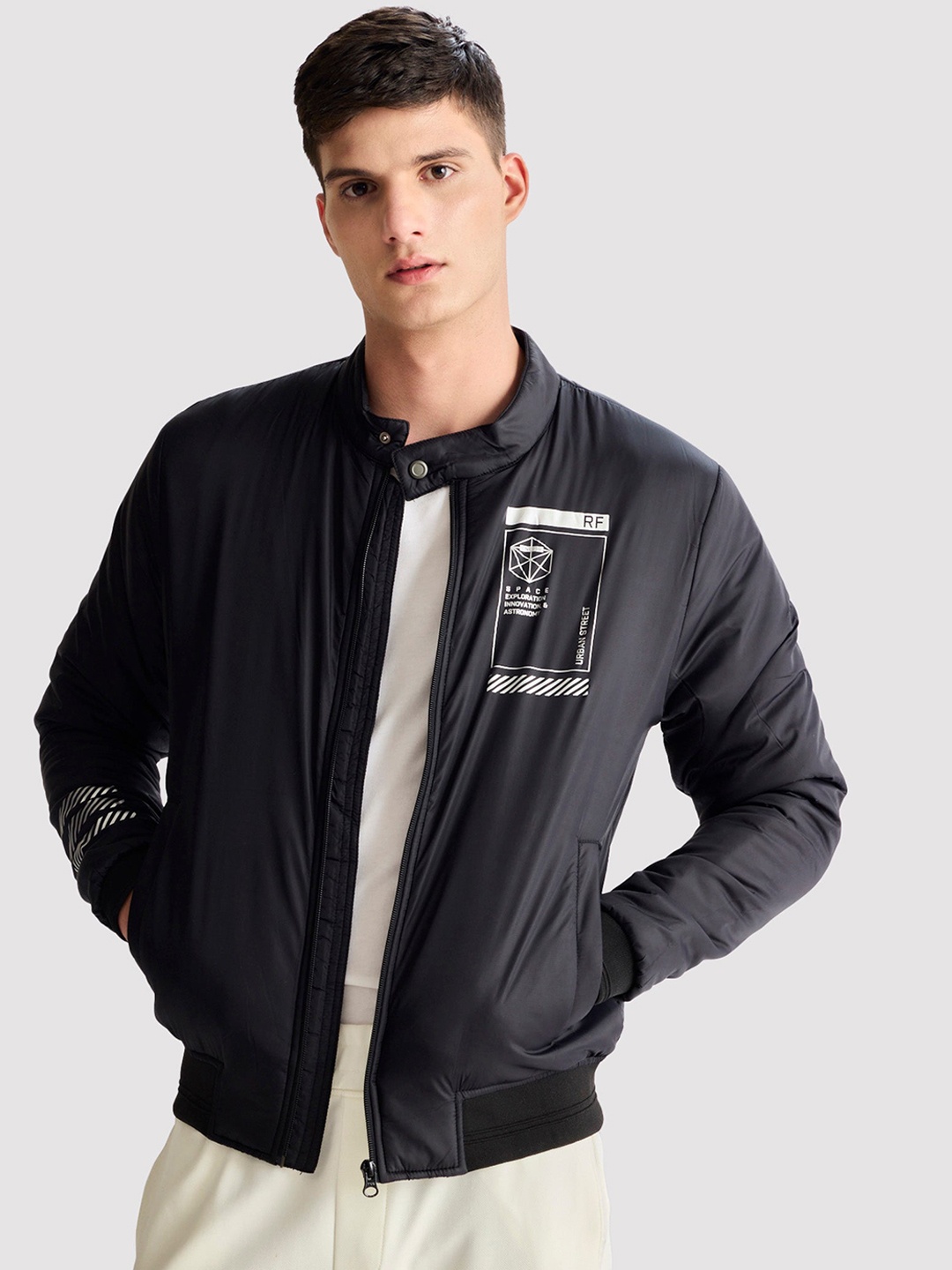 

Red Flame Typography Printed Mock Collar Open Front Jacket, Black