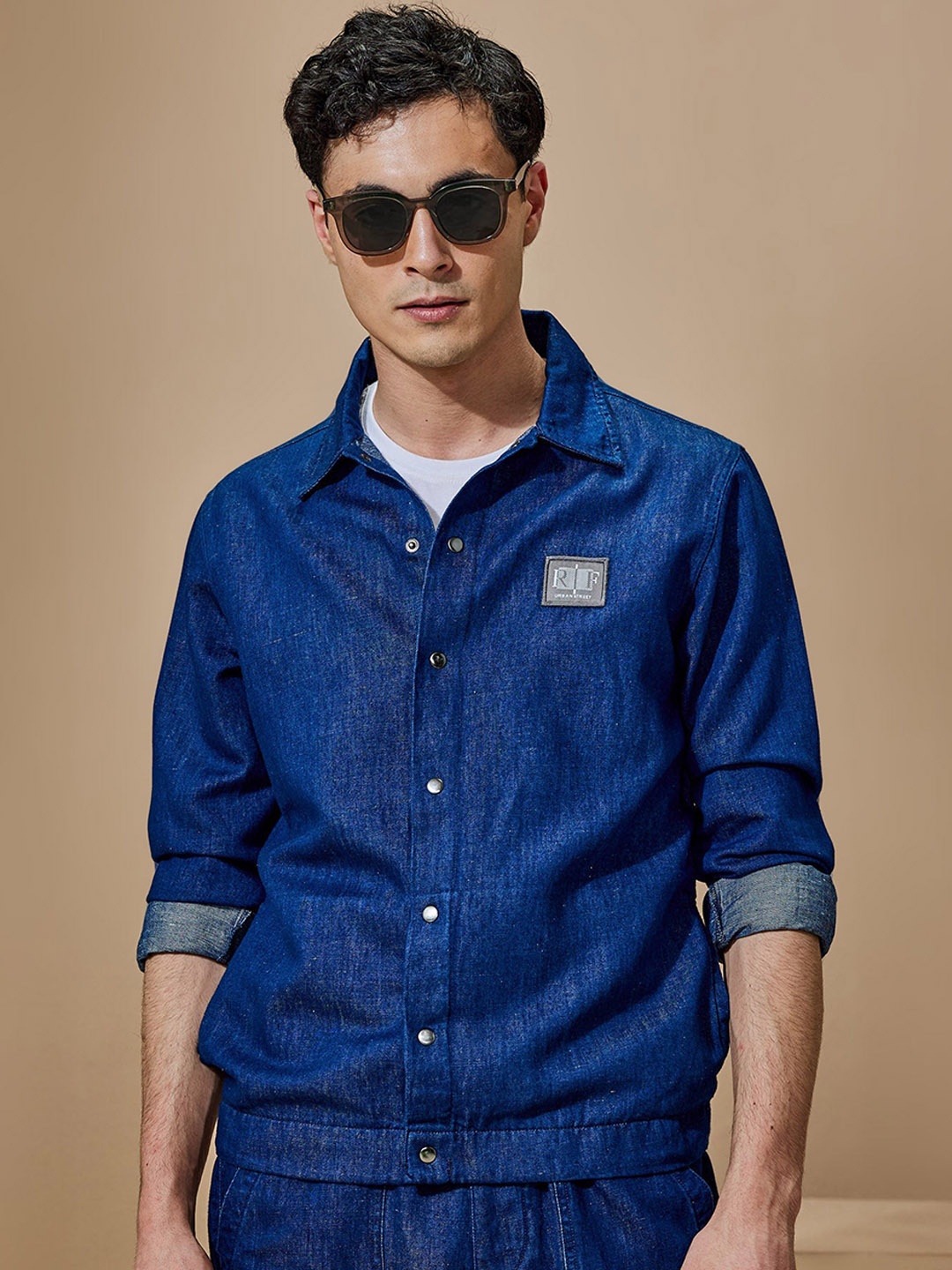 

Red Flame Spread Collar Linen Cotton Denim Jacket, Navy blue