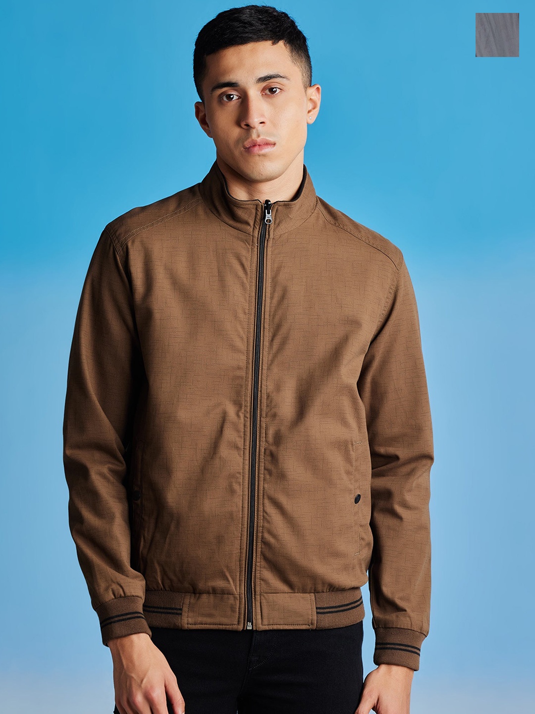 

Red Flame Mock Collar Reversible Cotton Bomber Jacket, Brown