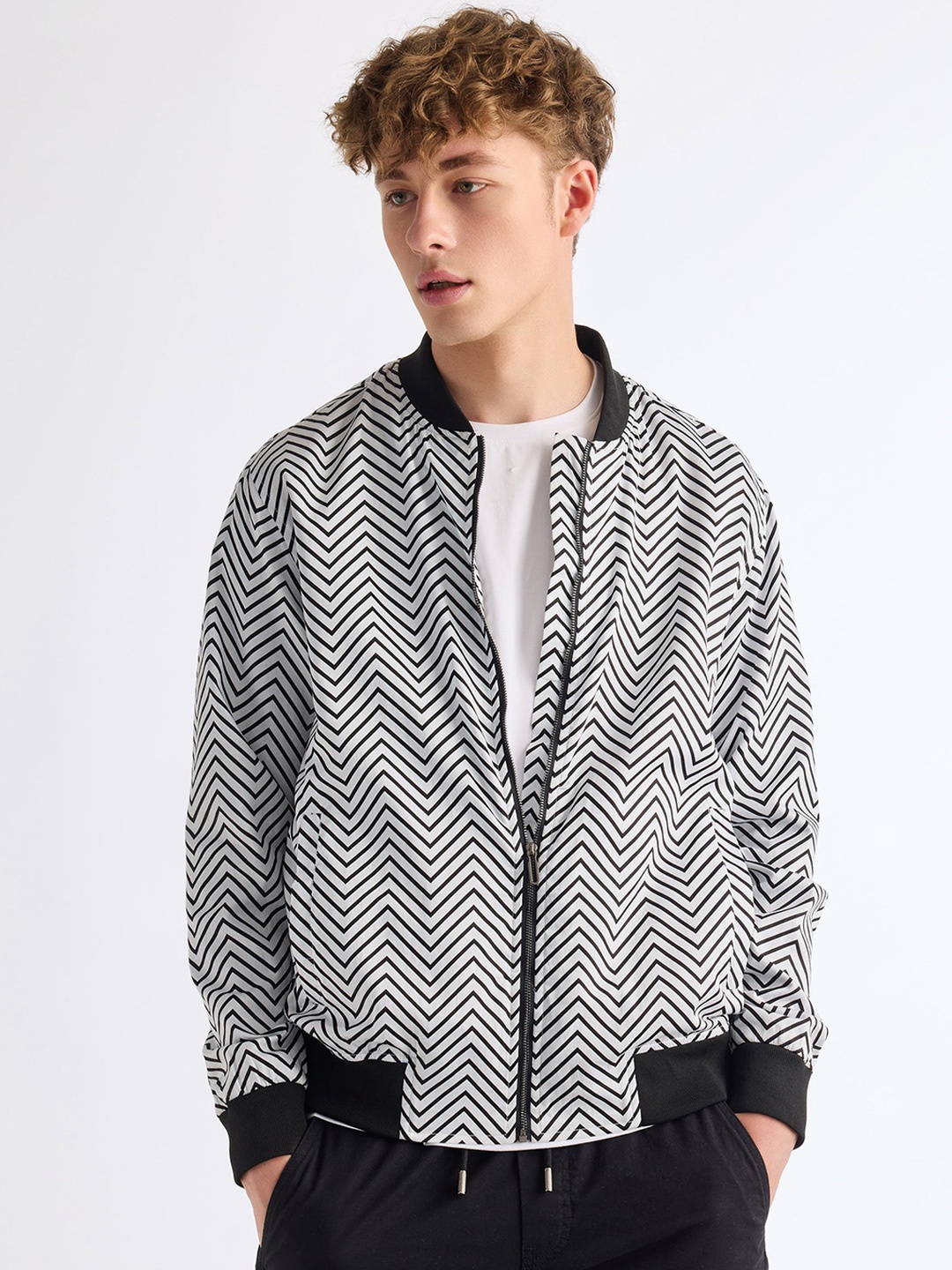 

Red Flame Geometric Printed Stand Collar Bomber Jacket, White