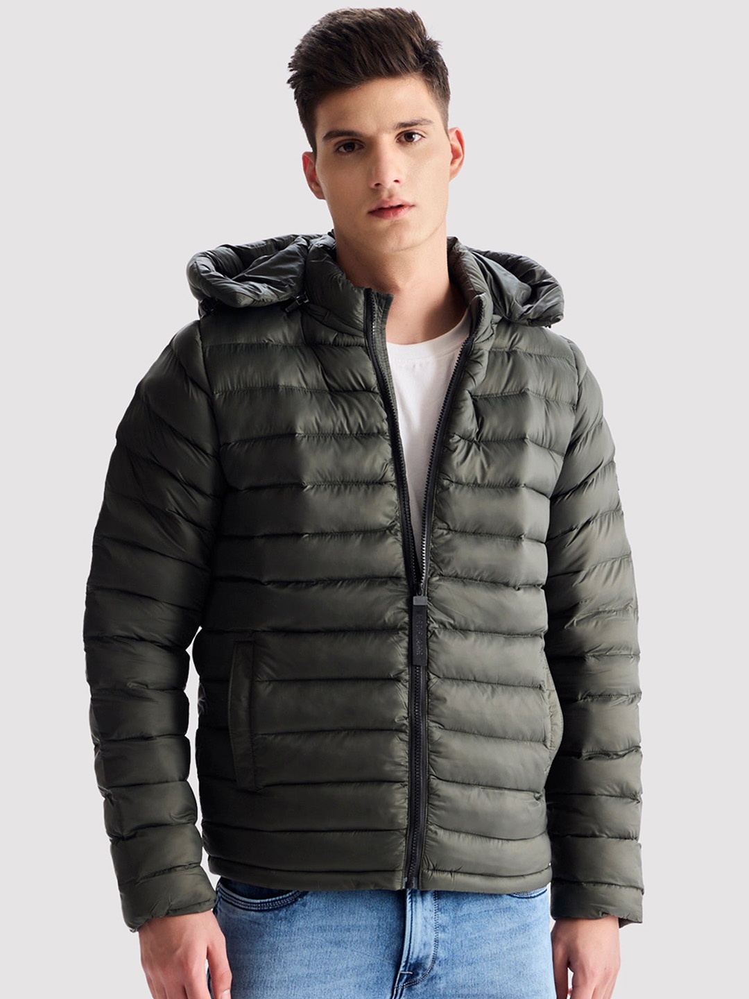 

Red Flame Hooded Long Sleeves Puffer Jacket, Olive