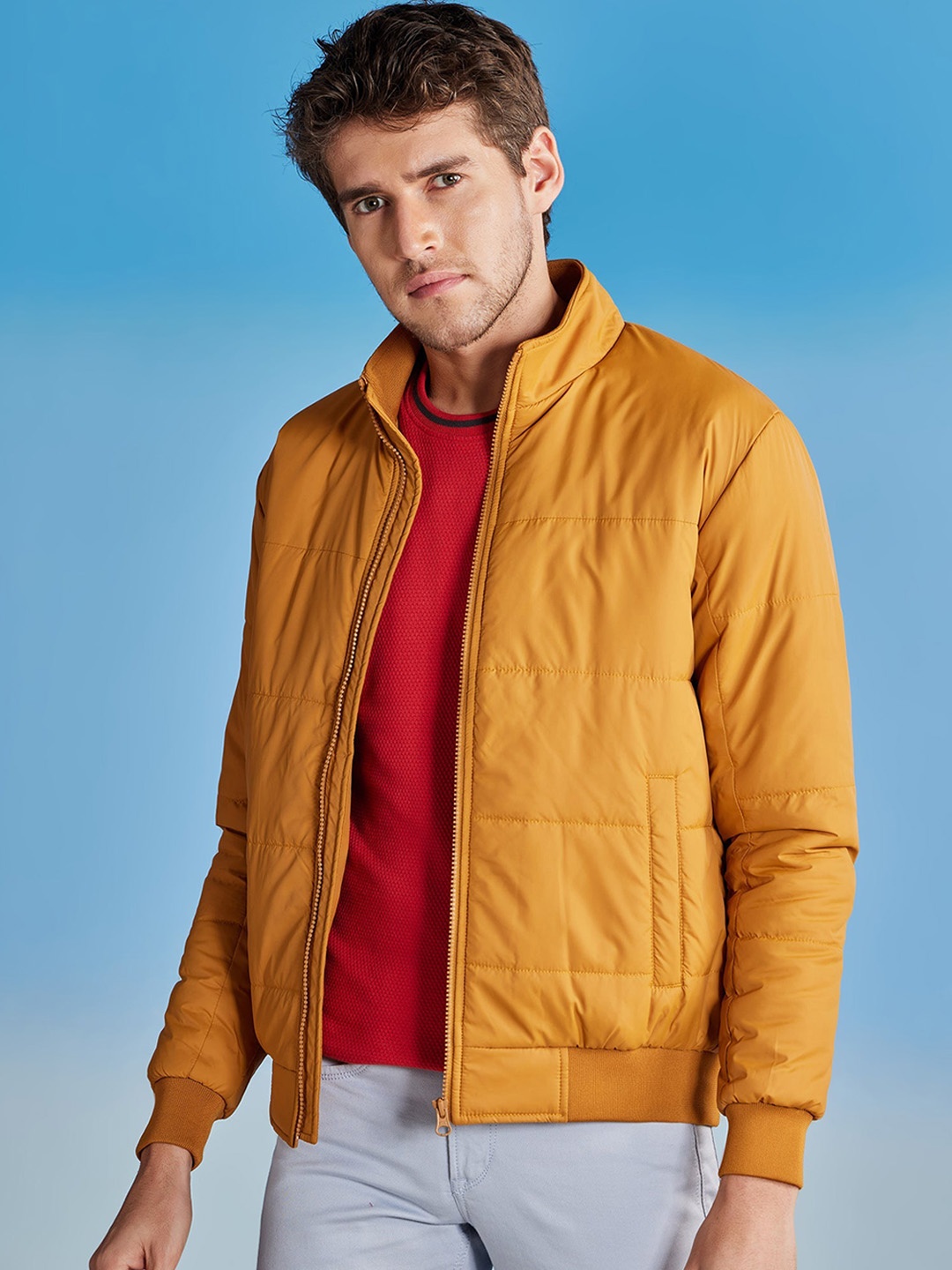 

Red Flame Mock Collar Bomber Jacket, Yellow