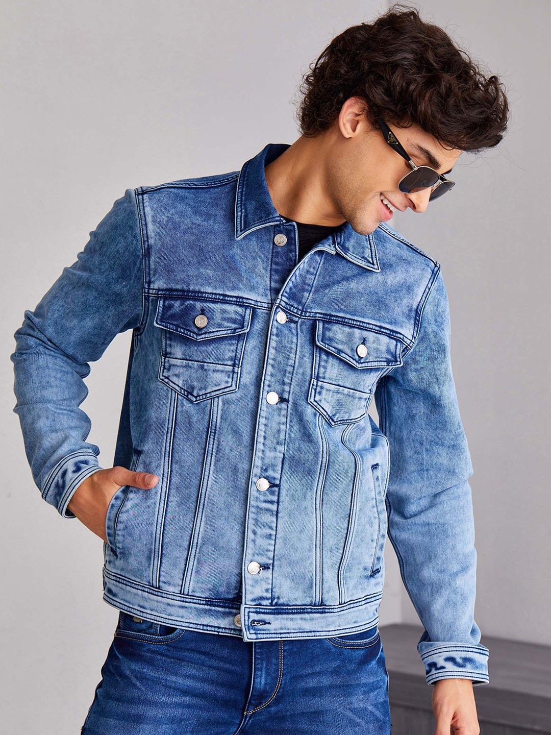 

DAGERRFLY Washed Long Sleeves Pure Cotton Denim Jacket, Blue